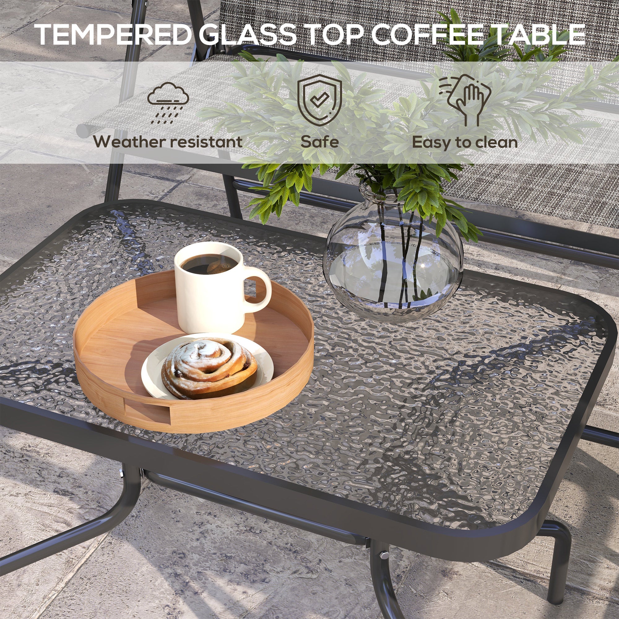 Outsunny Outdoor 4 Pieces Patio Furniture Set with Breathable Mesh Fabric Seat & Backrest, Garden Set with Two Foldable Armchairs, a Loveseat & Glass Top Table, Mixed Grey - North Peak Garden Furniture