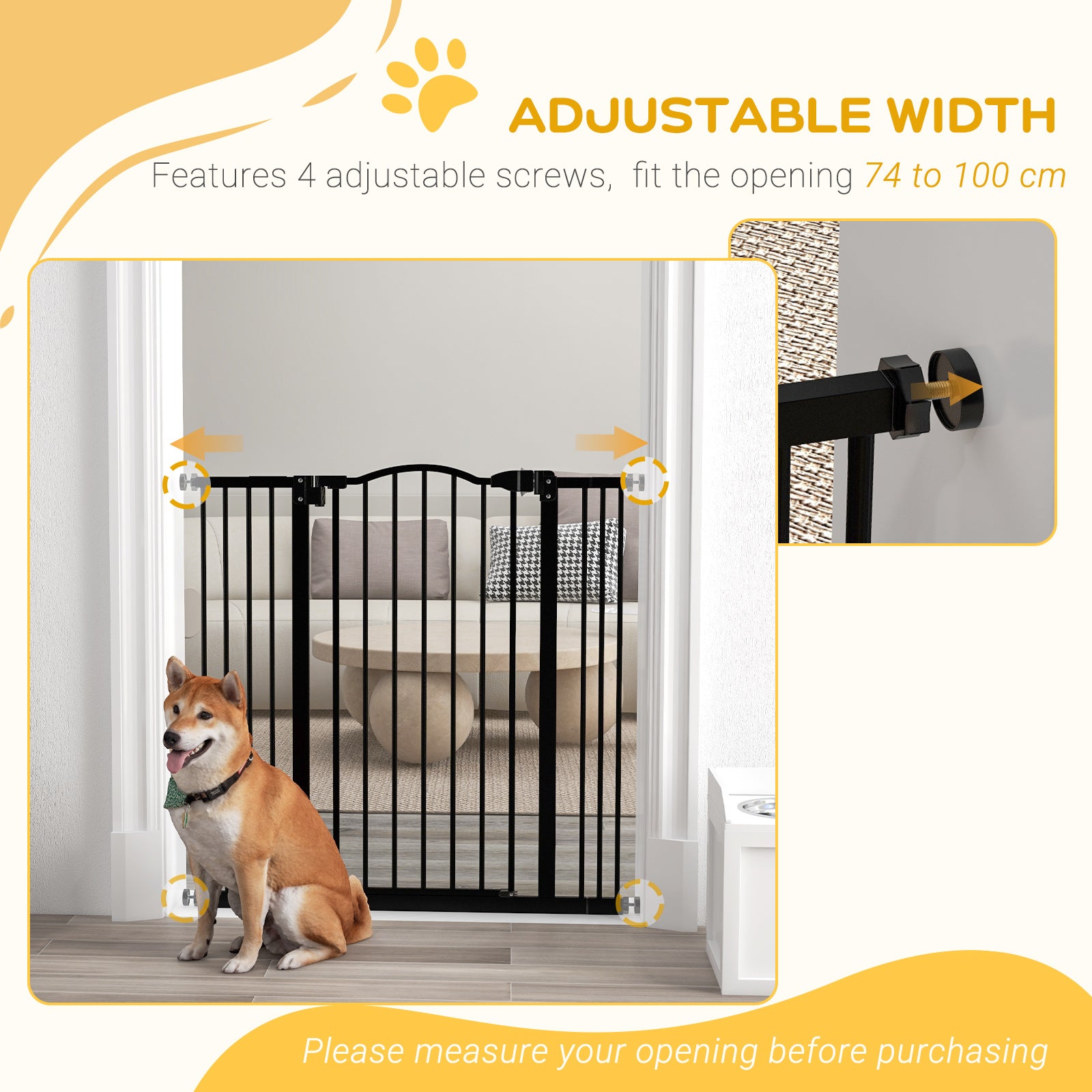 PawHut Pressure Fit Dog Stair Gate No Drilling Safety Gate Auto Close for Doorways, Hallways, 74-100cm Adjustable, 94cm Tall, Black - North Peak Garden Furniture