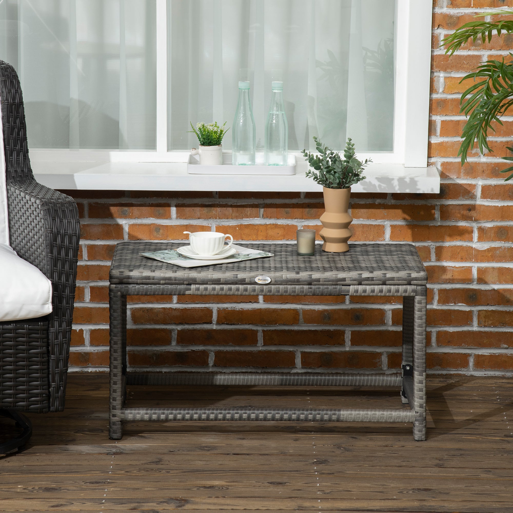 Outsunny Outdoor Coffee Table, Garden PE Rattan Side Table with Plastic Board Under the Full Woven Table Top and Rectangular Frame for Patio, Balcony, Mixed Grey - North Peak Garden Furniture