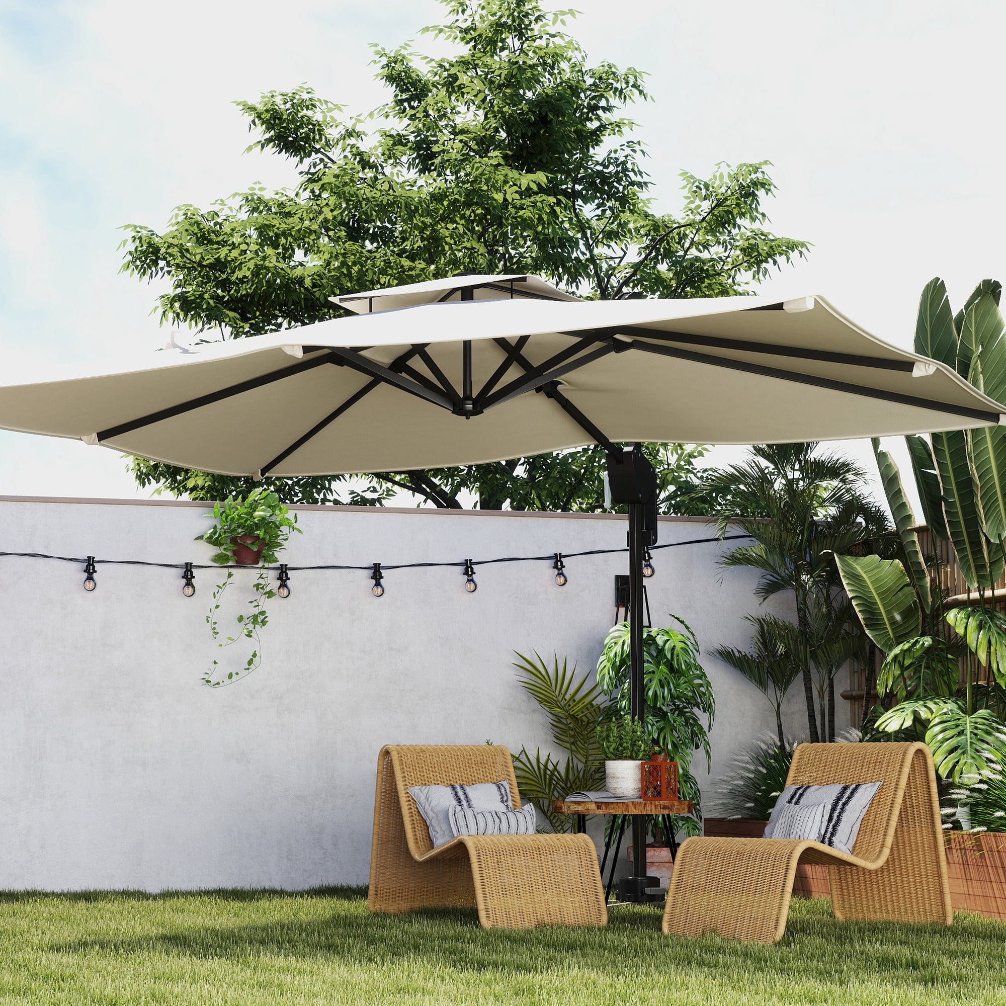 Outsunny 3.7 x 2.7 m Cantilever Parasol w/ 360° Rotation and Easy Tilt Adjustment, Aluminium Hanging Offset Outdoor Umbrella w/ Double Top and Cross Base, UPF50+ Hanging Sun Shade, Black - North Peak Garden Furniture