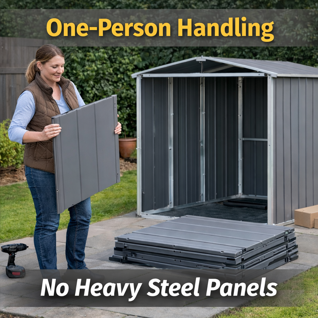 Outsunny 6'x4.5' Garden Storage Shed, Lockable Garden Shed with Double Doors, Window, Vent and Plastic Roof, Grey