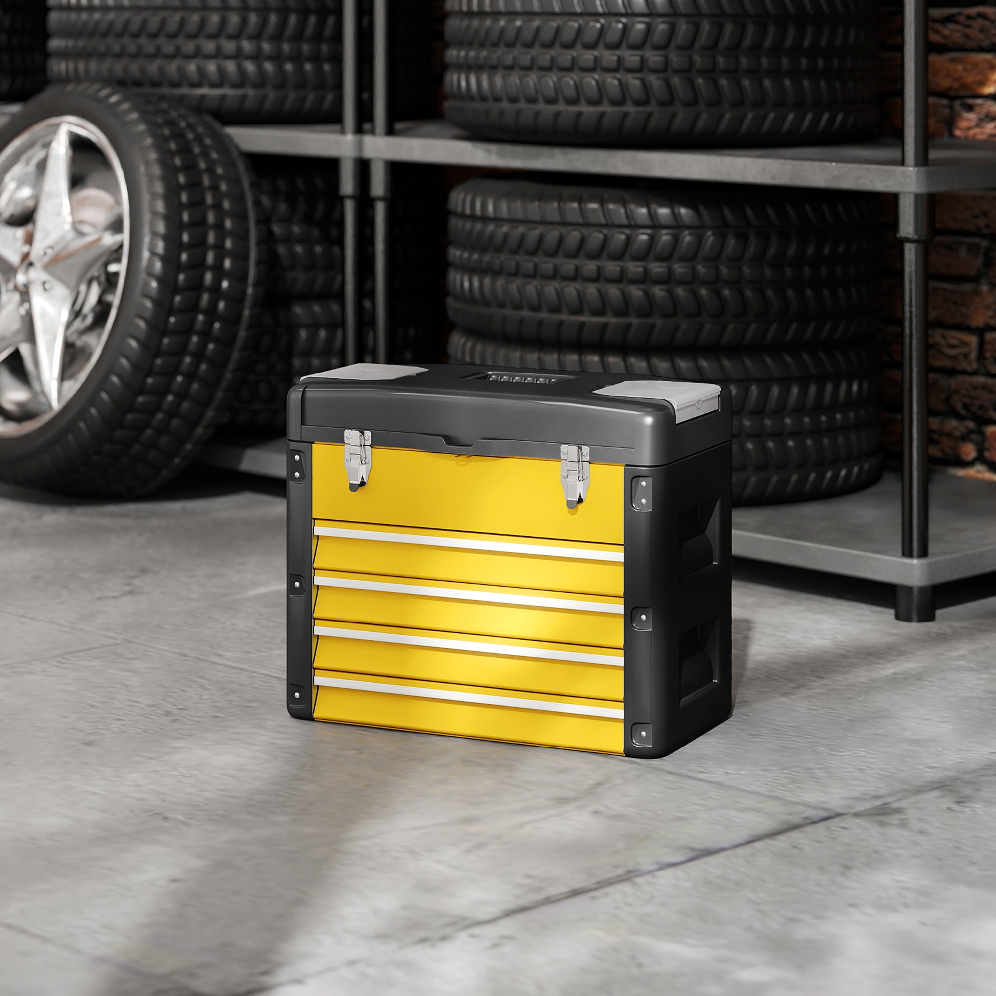 HOMCOM 4 Drawers Large Toolbox - Yellow - North Peak Garden Furniture