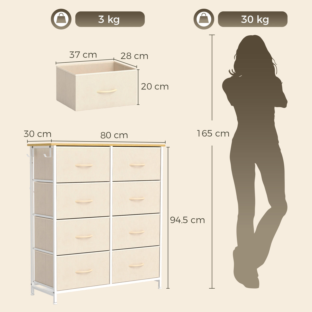 HOMCOM Chest of Drawers, Dresser with 8 Fabric Drawers, Tall Storage Unit with 4 Pockets and 2 Hooks Steel Frame, Beige