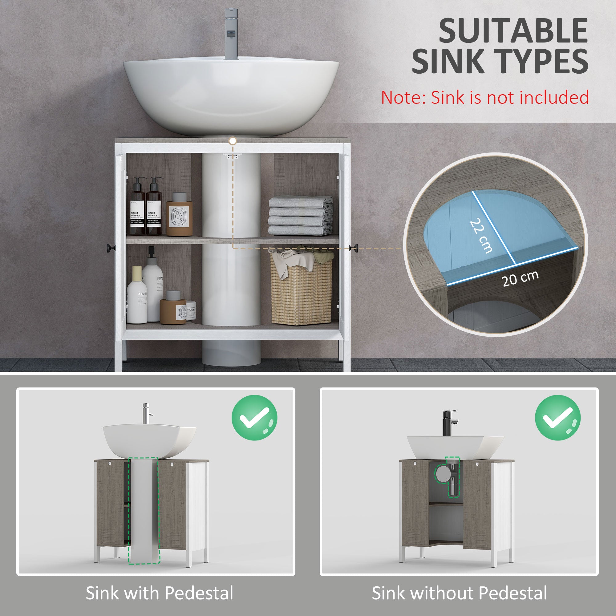 kleankin Modern Bathroom Sink Cabinet, Floor Standing Under Sink Cabinet, Freestanding Storage Cupboard with Adjustable Shelf, Double Doors, Antique White - North Peak Garden Furniture