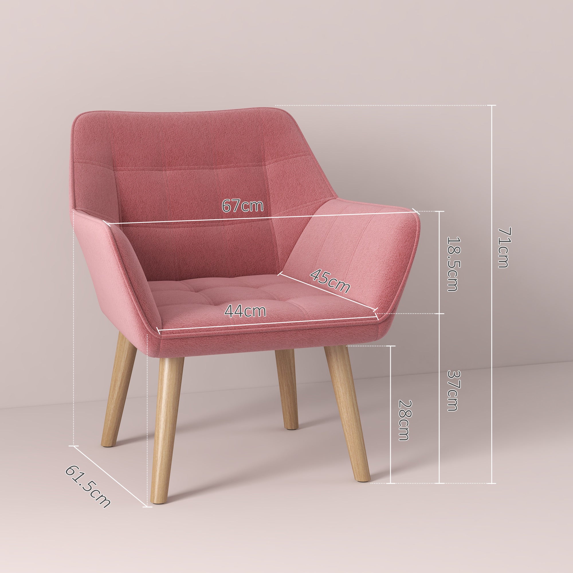 Set of 2 Accent Chair, Arm Chair with Slanted Back, Thick Padding and Rubber Wooden Legs for Living Room, Pink