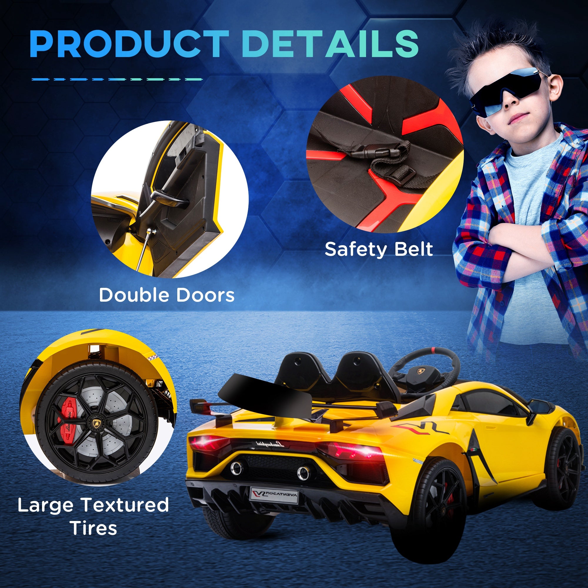 HOMCOM Lamborghini Aventador Licensed 12V Kids Electric Ride On Car Racing Car Toy with Parental Remote Control Battery-powered 2 Motors Music Lights for 3-8 Years Old Yellow - North Peak Garden Furniture
