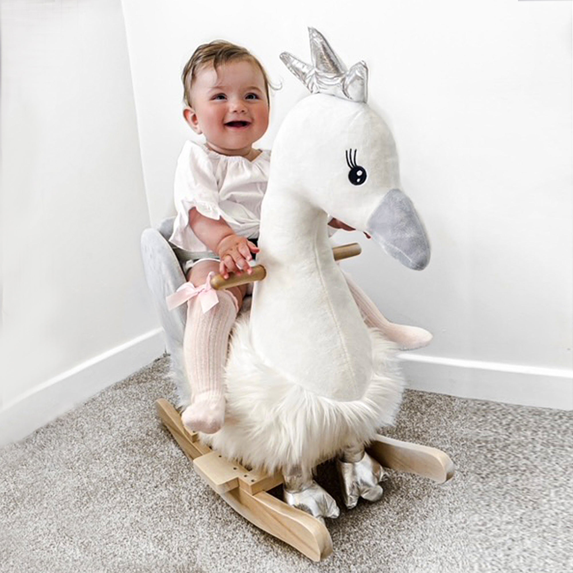 HOMCOM Kids Children Rocking Horse Plush Ride On Swan w/ Sound Wood Base Seat Safety Belt Toddler Baby Toy Rocker 18 - 36 Months - North Peak Garden Furniture