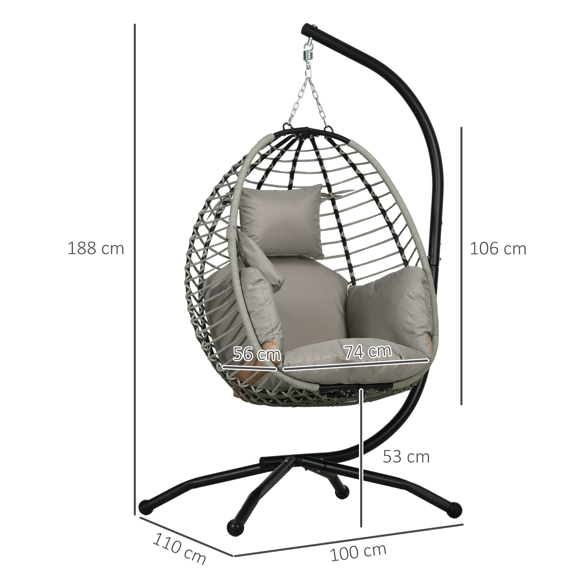 Outsunny Single Rattan Hanging Egg Chair, with Seat Cushion - Grey - North Peak Garden Furniture
