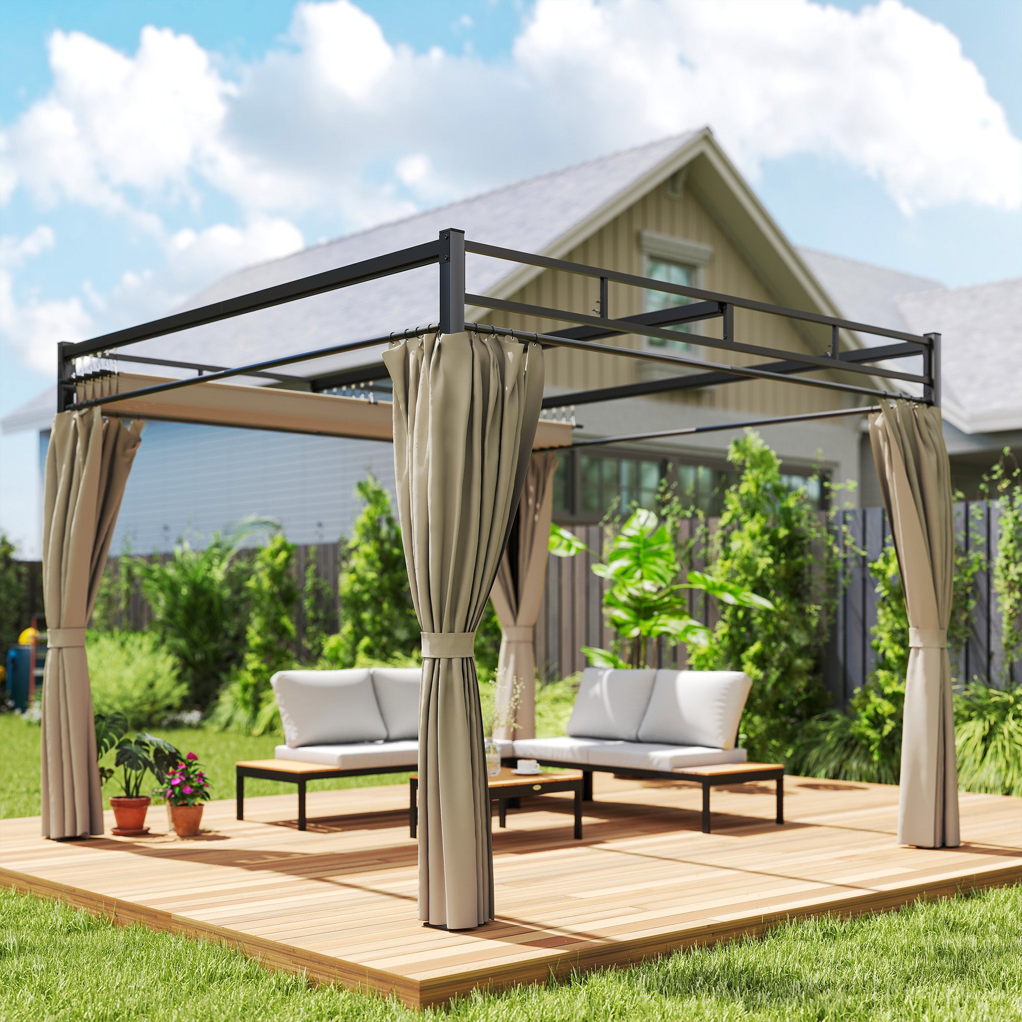Outsunny 3 x 3 m Pergola with Retractable Roof Canopy and Curtains, UPF30+ Metal Frame Garden Pergola Gazebo Sun Shade, Khaki