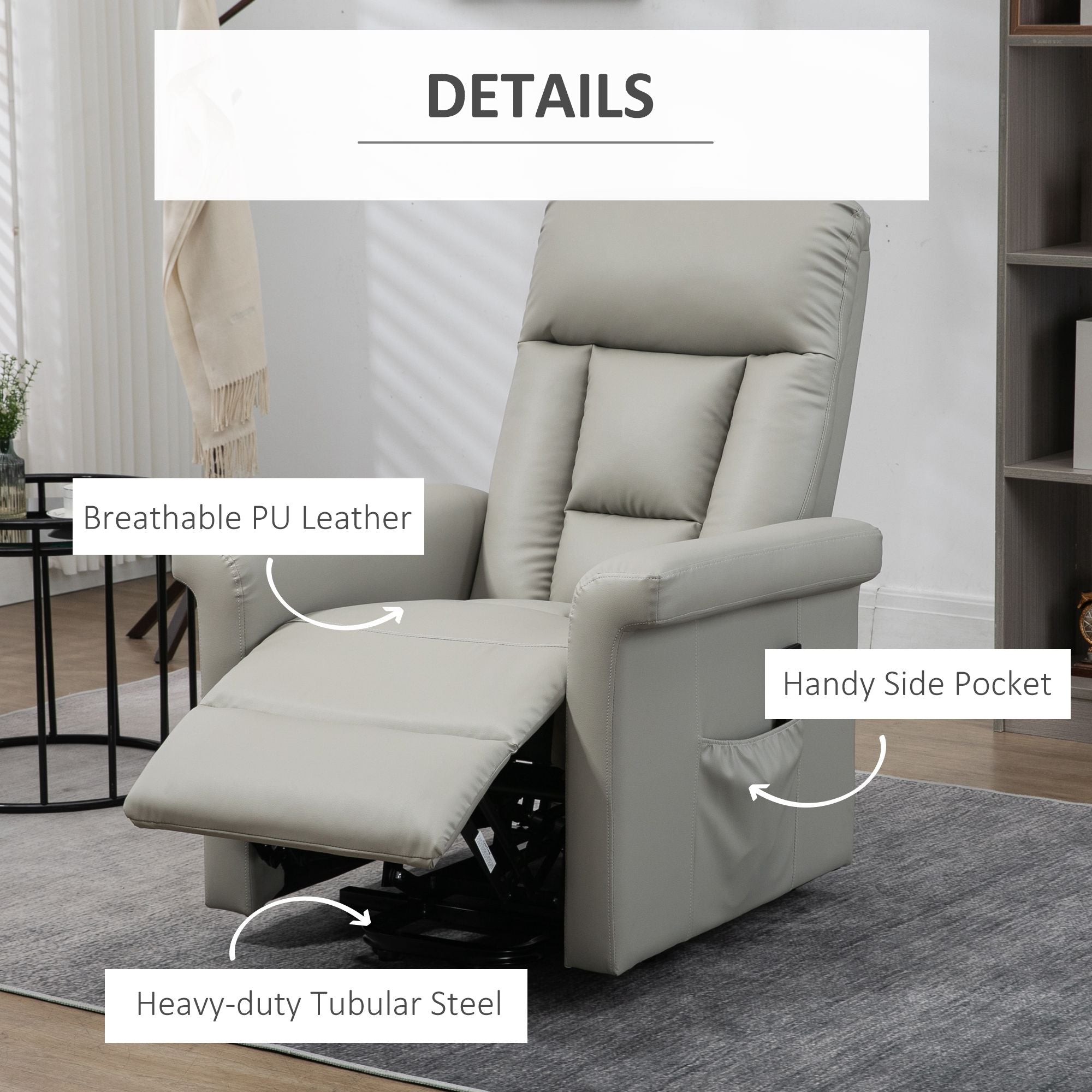 HOMCOM Power Lift Chair, PU Leather Recliner Sofa Chair for Elderly with Remote Control, Side Pocket, Grey - North Peak Garden Furniture