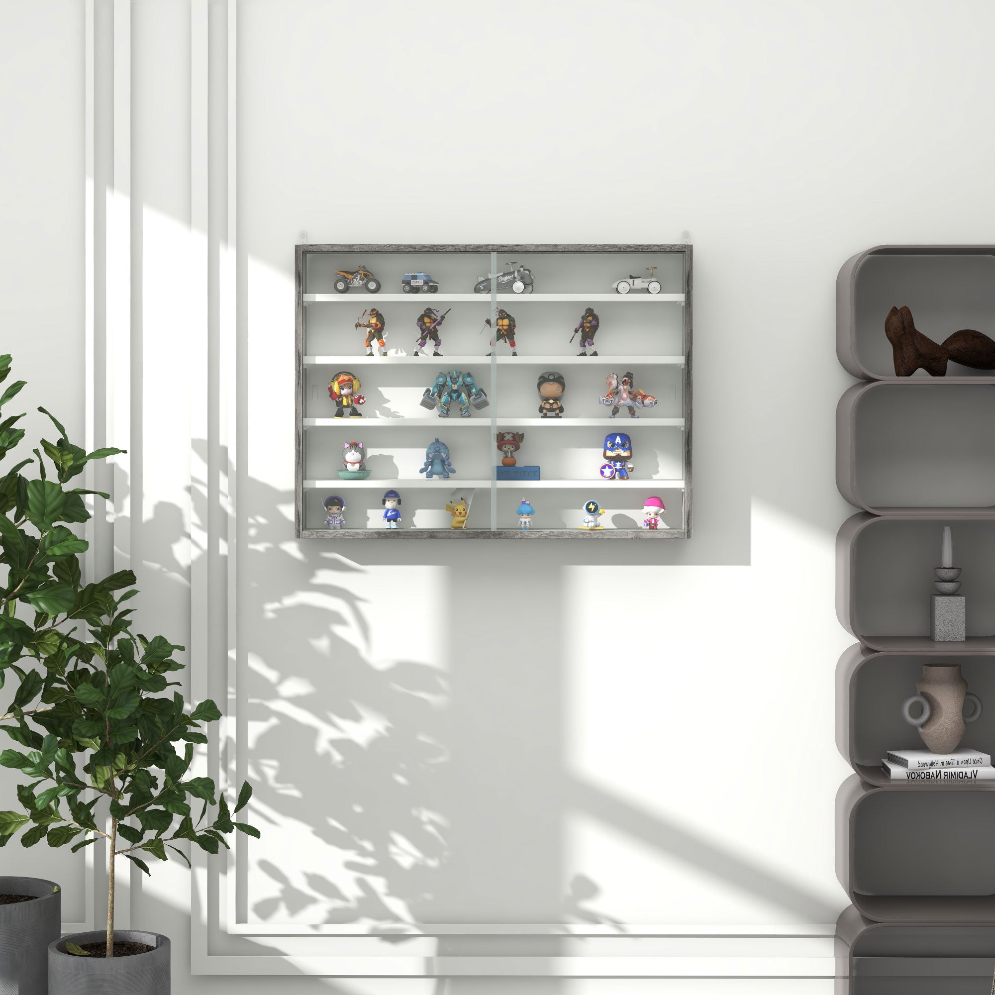 HOMCOM 5-Tier Wall Display Shelf Unit Cabinet w/ 4 Adjustable Shelves Glass Doors Home Office Ornaments 60x80cm Grey Wood Grain - North Peak Garden Furniture
