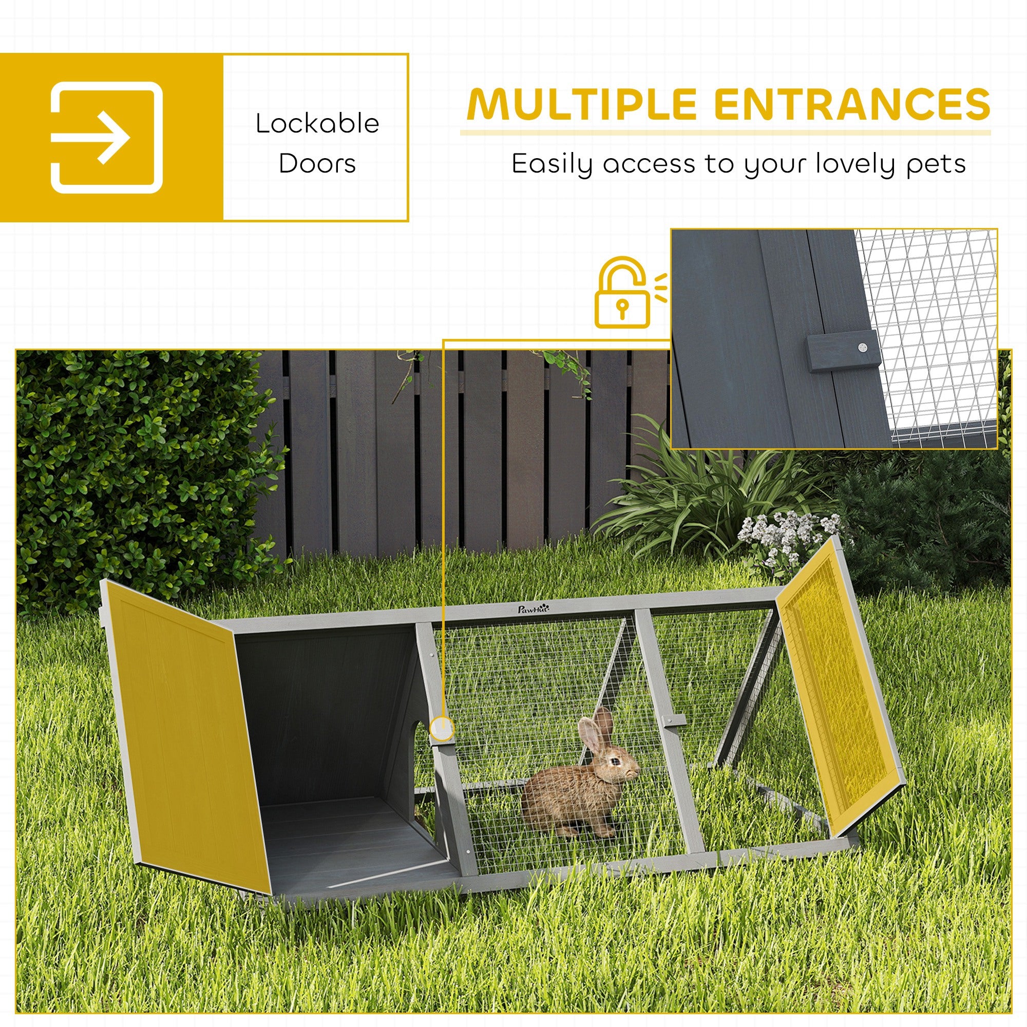 PawHut Rabbit Hutch, Wooden Guinea Pig Hutch with Run and Doors, Outdoor Triangle Bunny House for Rabbits,Duck and Chicken