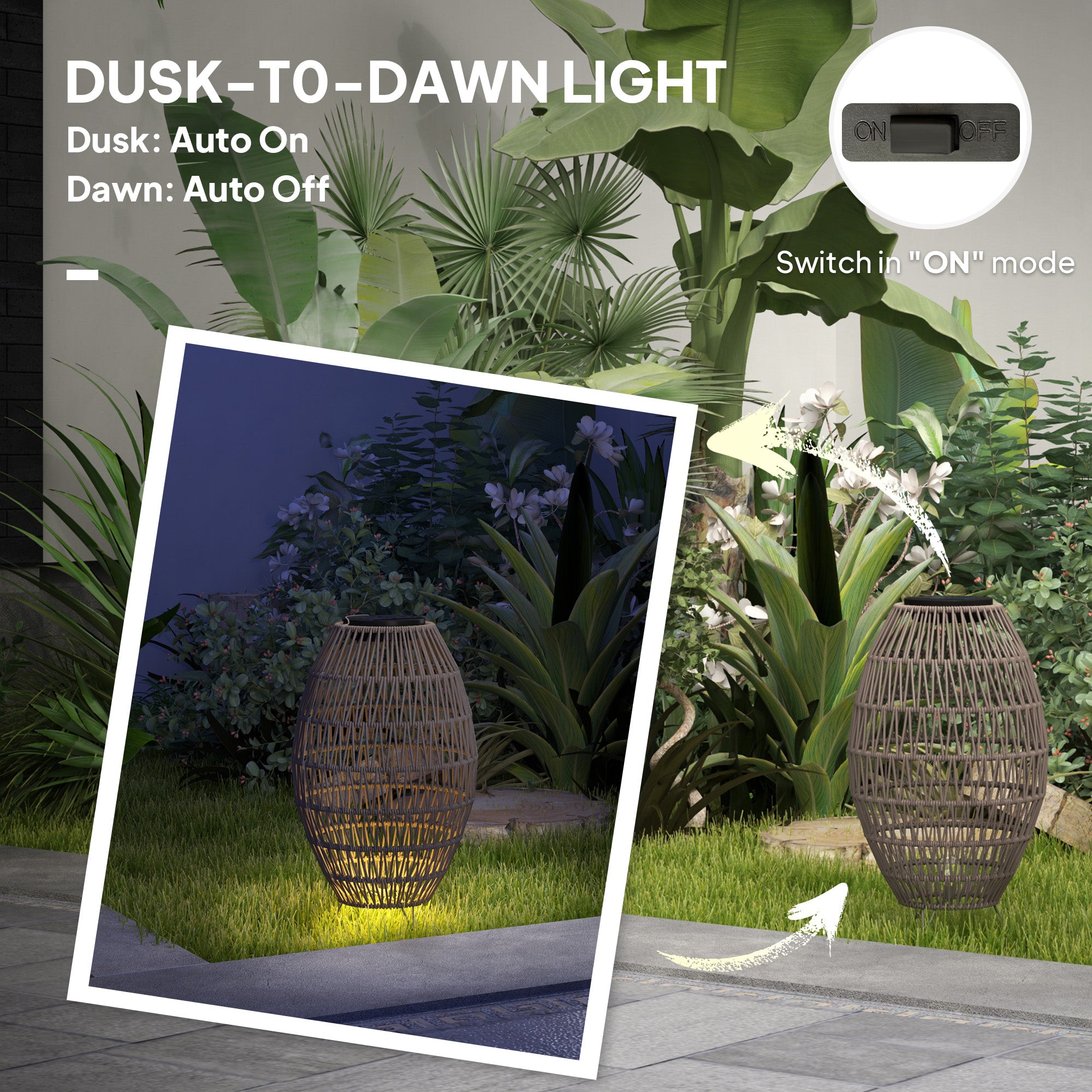 Outsunny Rattan Solar Lamp, Garden Solar Lantern with Auto On/Off Light, IP44 Waterproof, Decorative Outdoor Rattan Lamp for Porch, Pathway, Dark Brown - North Peak Garden Furniture