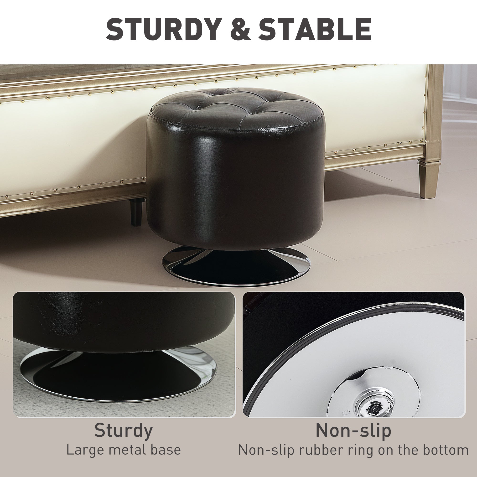 HOMCOM 360° Swivel Foot Stool Round PU Footstool with Thick Sponge Padding and Solid Steel Base, Brown - North Peak Garden Furniture