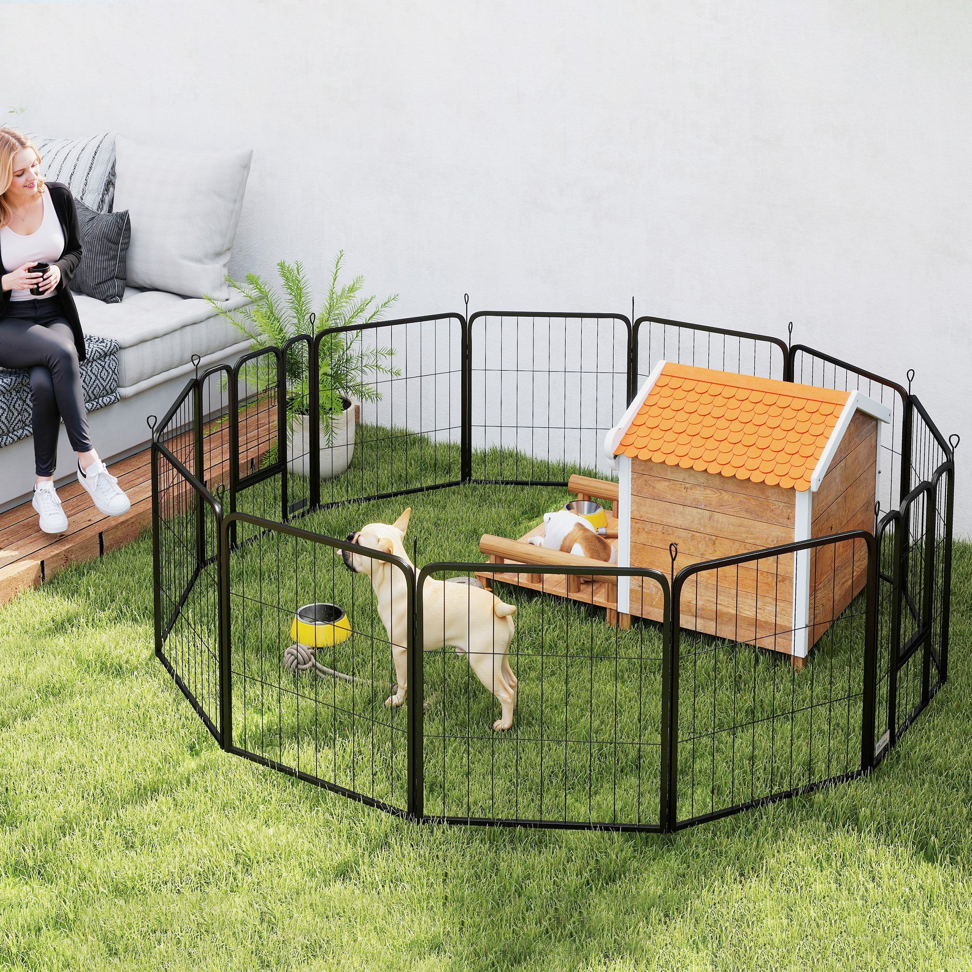 PawHut 12 Panels Heavy Duty Dog Playpen with Doors, for Medium Dogs, 80cm High, Black - North Peak Garden Furniture