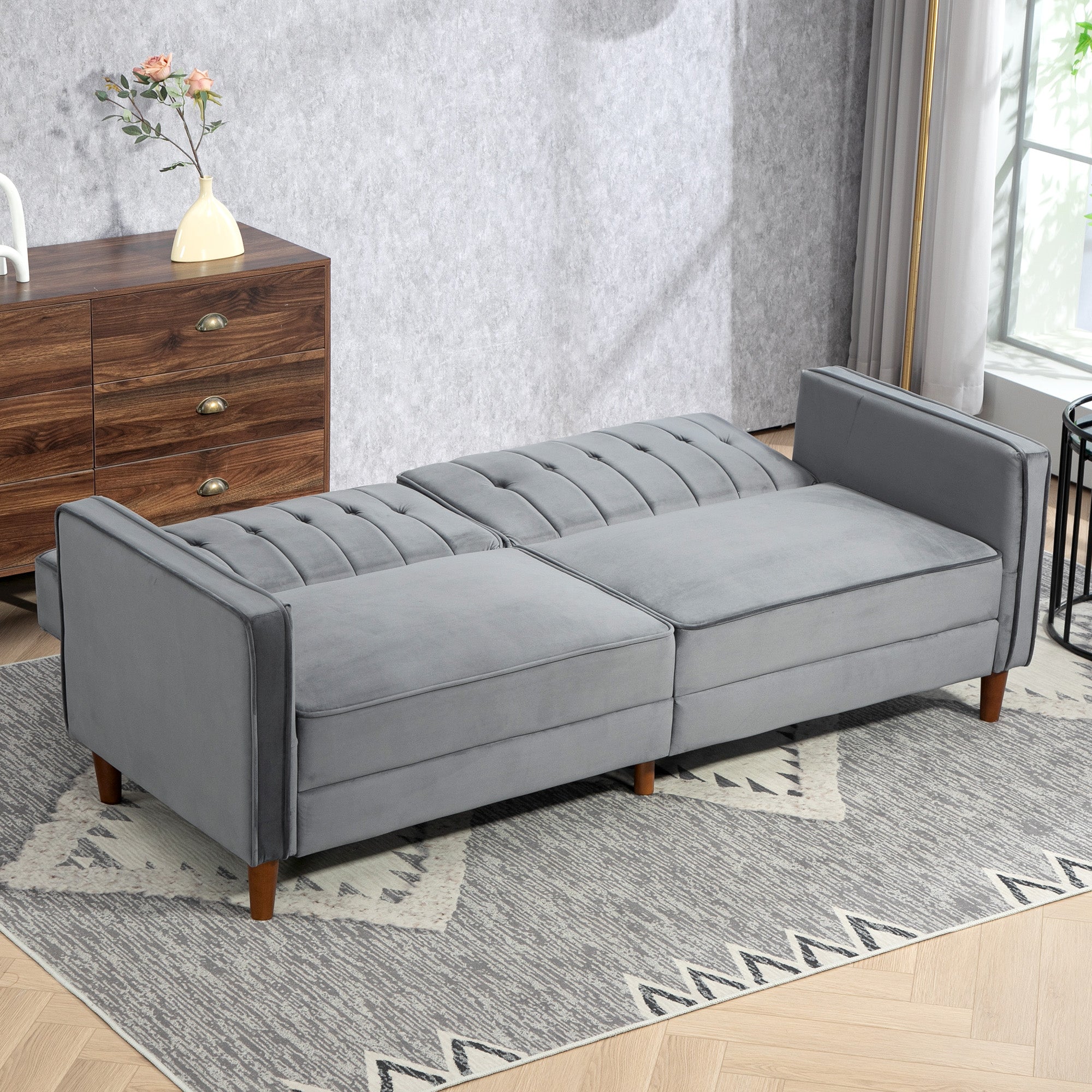 HOMCOM Velvet-Feel Three-Seater Sofa Bed - Dark Grey