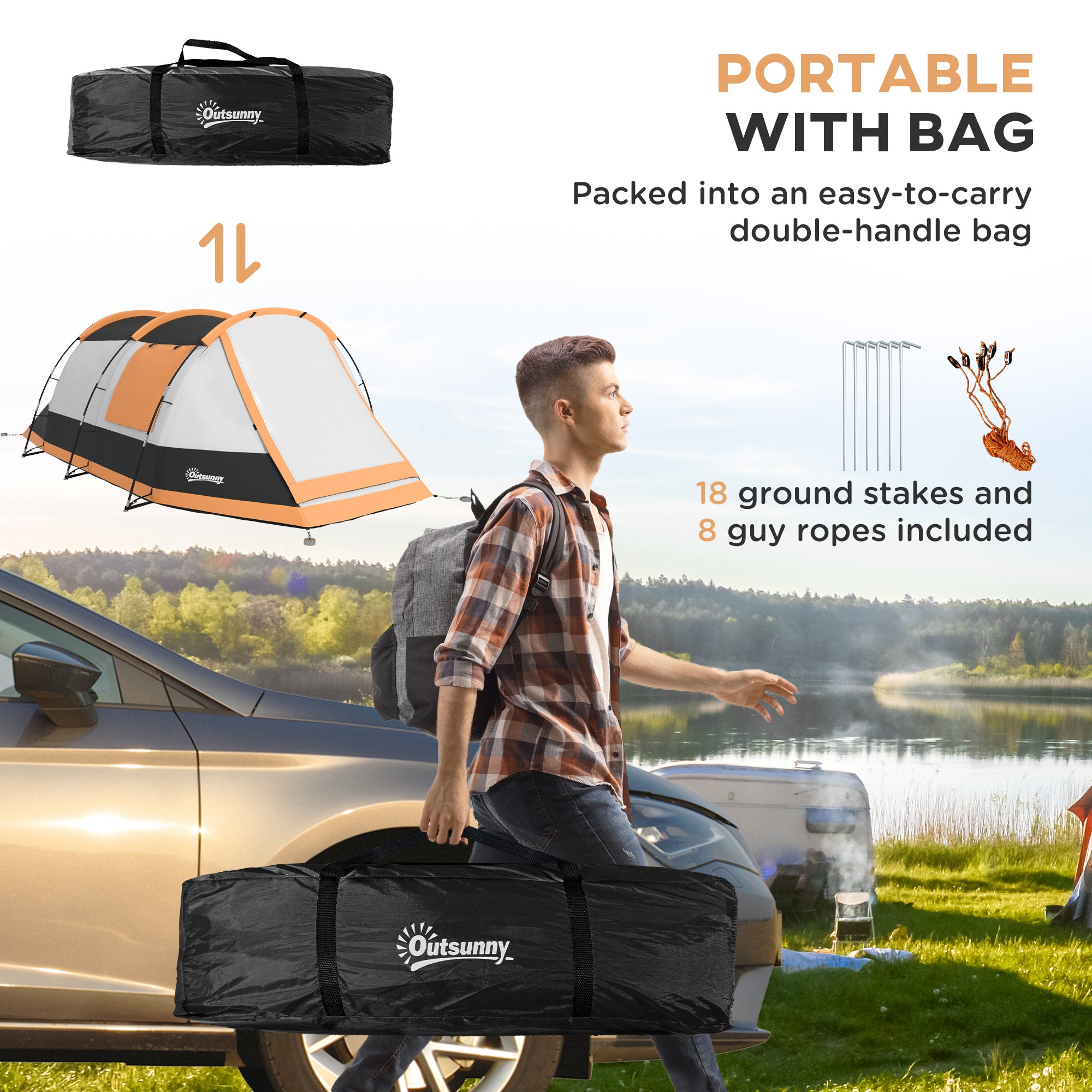 Outsunny Three-Man Camping Tent, with Two Rooms and Porch - Orange - North Peak Garden Furniture