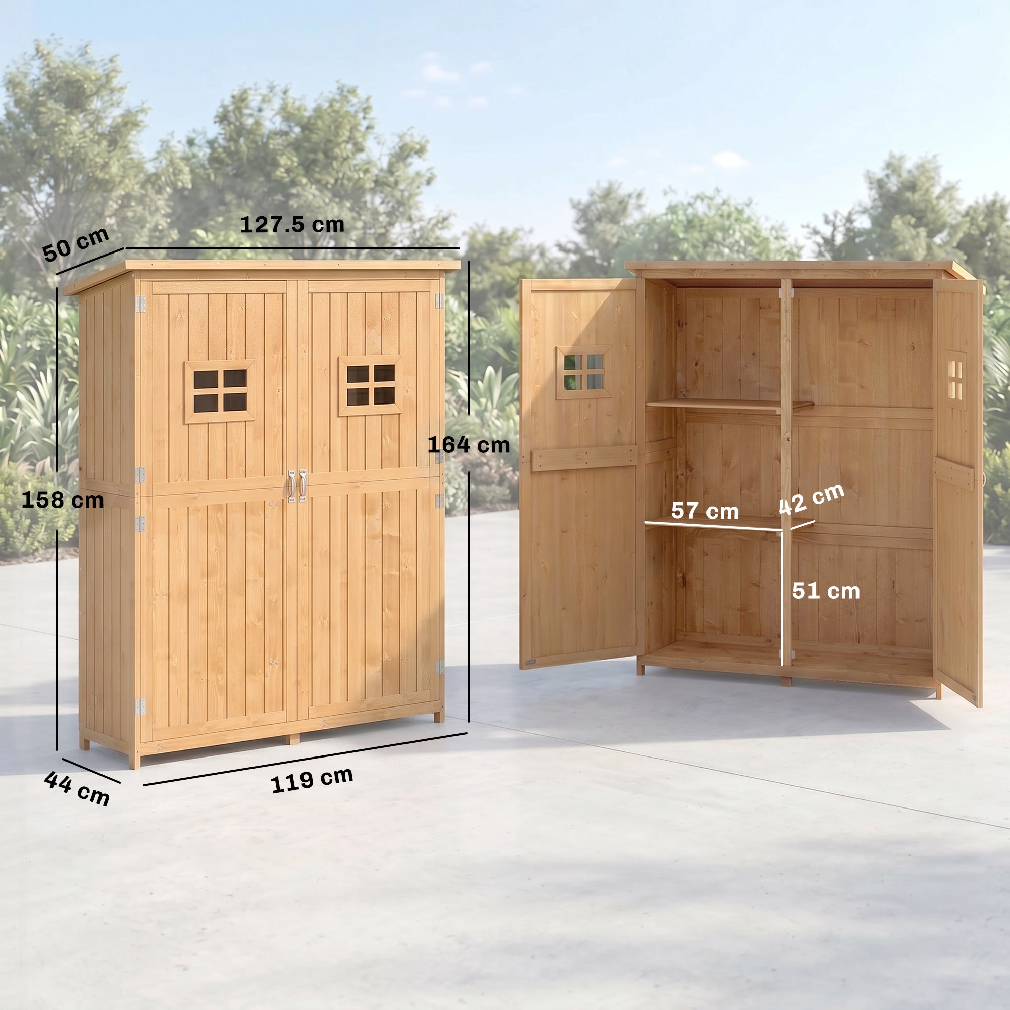 Outsunny Wooden Garden Shed with Two Windows, Tool Storage Cabinet, Outdoor Double Door Organizer 127.5L x 50W x 164H cm, Natural