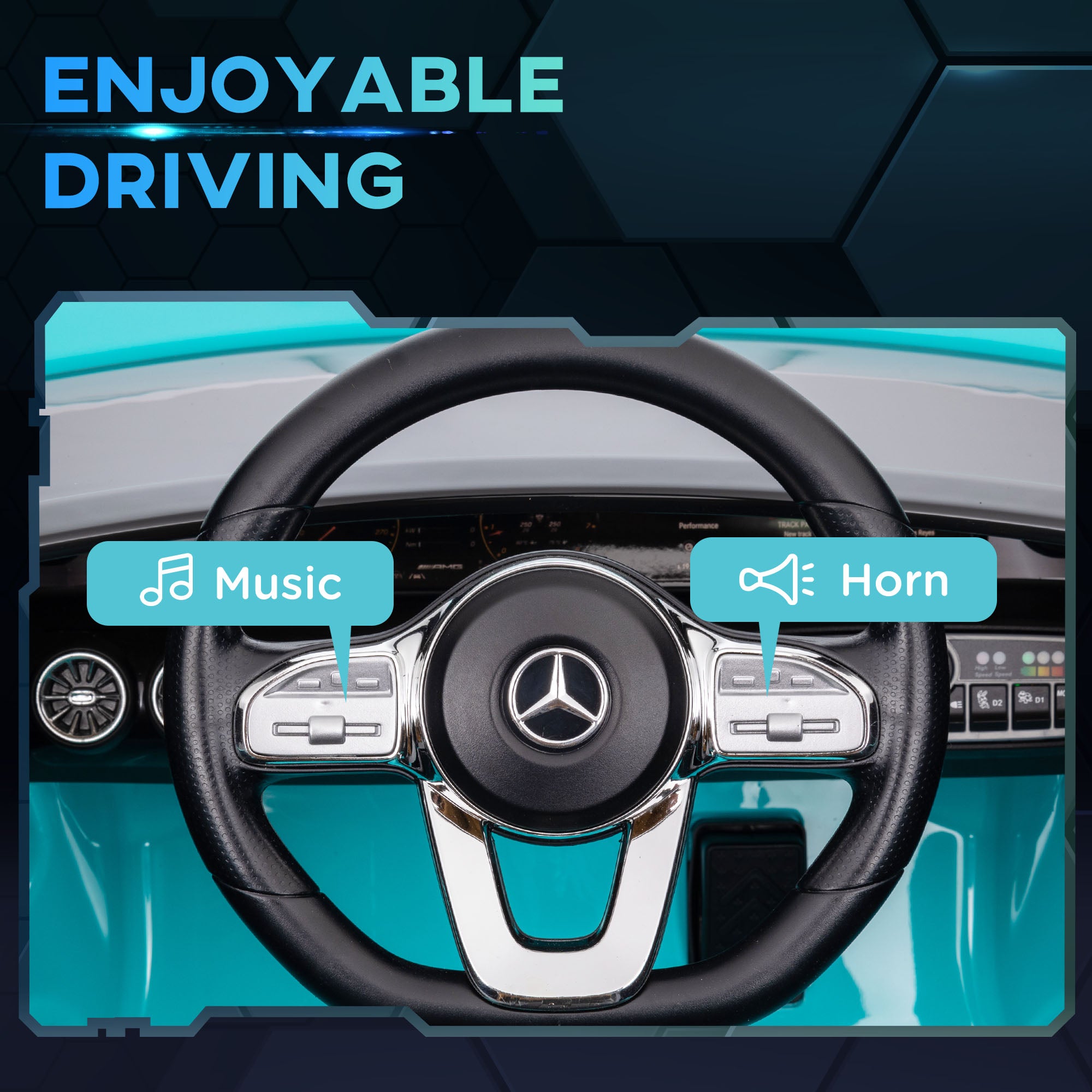 AIYAPLAY Mercedes-AMG CLA 45 Licensed 12V Kids Electric Car Ride on Car w/ Remote, Suspension Lights Music Horn - Light Blue - North Peak Garden Furniture
