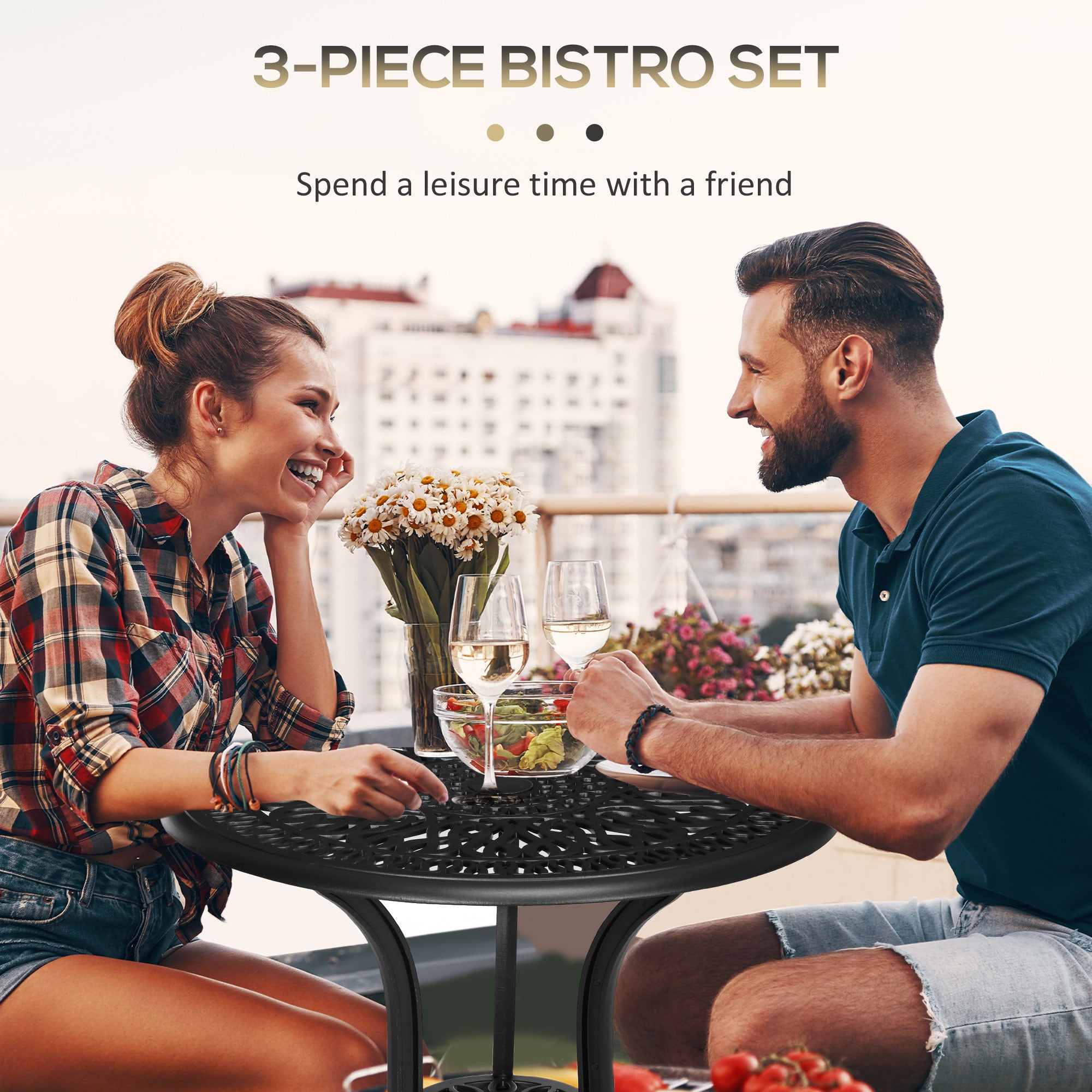 Outsunny 3 Piece Garden Bistro Set, Cast Aluminium Outdoor Furniture Set with Umbrella Hole for Balcony, Porch, Patio, Black - North Peak Garden Furniture
