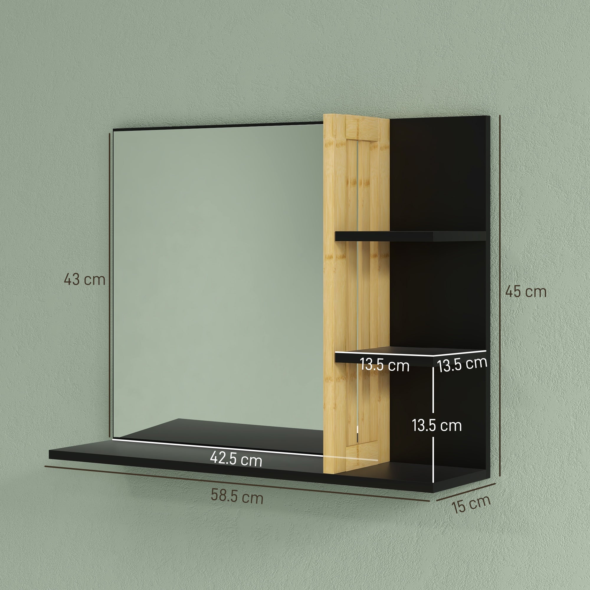 HOMCOM Bamboo Panel Bathroom Mirror, with Shelves - North Peak Garden Furniture