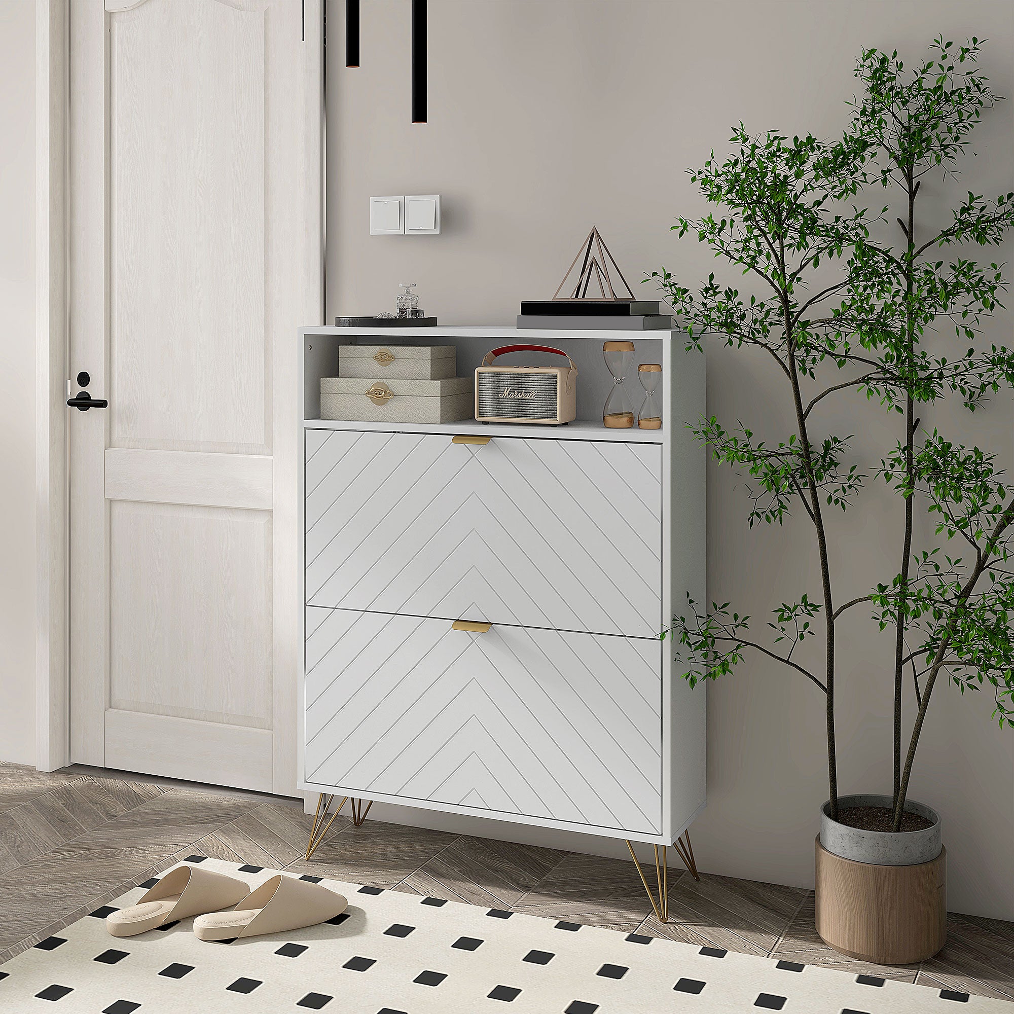 HOMCOM 12 Shoe Storage Cabinet, with Chevron Indents and Gold Tone Accents - White