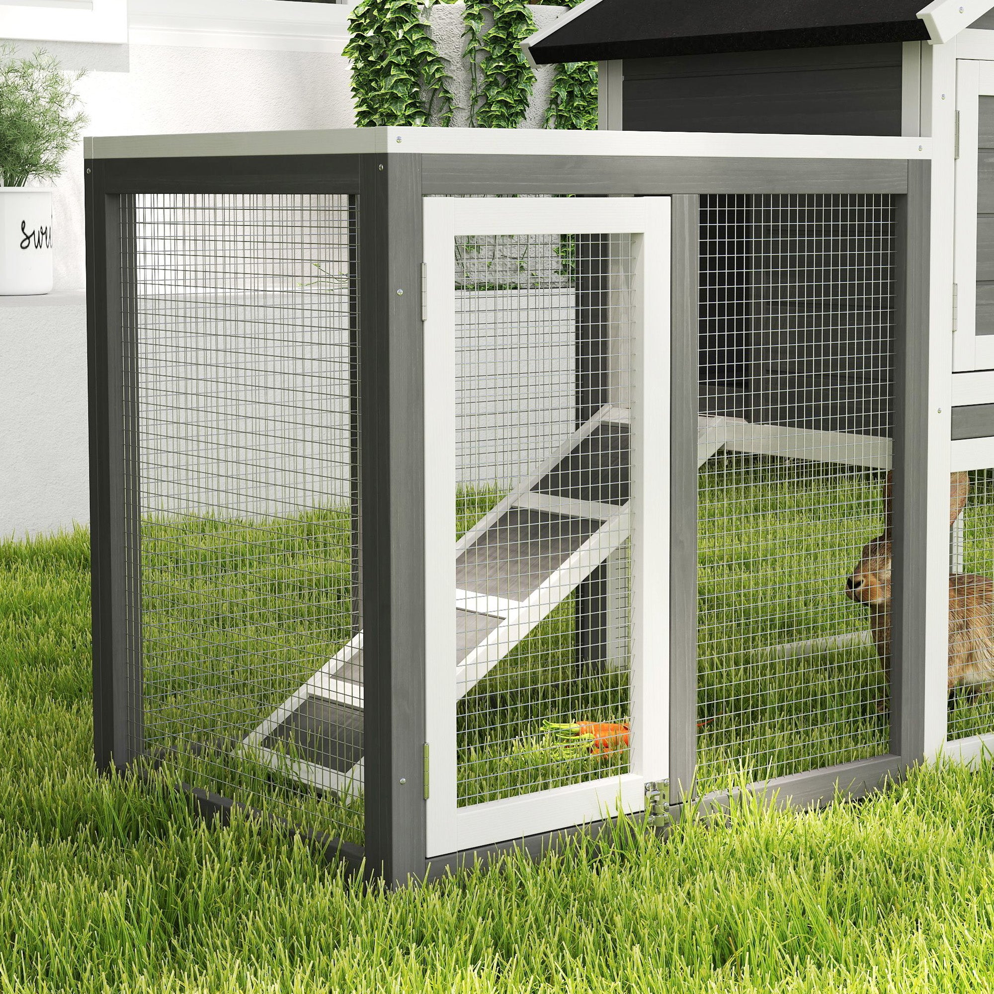 PawHut Rabbit Hutch Outdoor Wooden Guinea Pig Hutch Rabbit Run Bunny Cage Small Animal House Pull-Out Tray, Grey, 122 x 62.6 x 92 cm - North Peak Garden Furniture