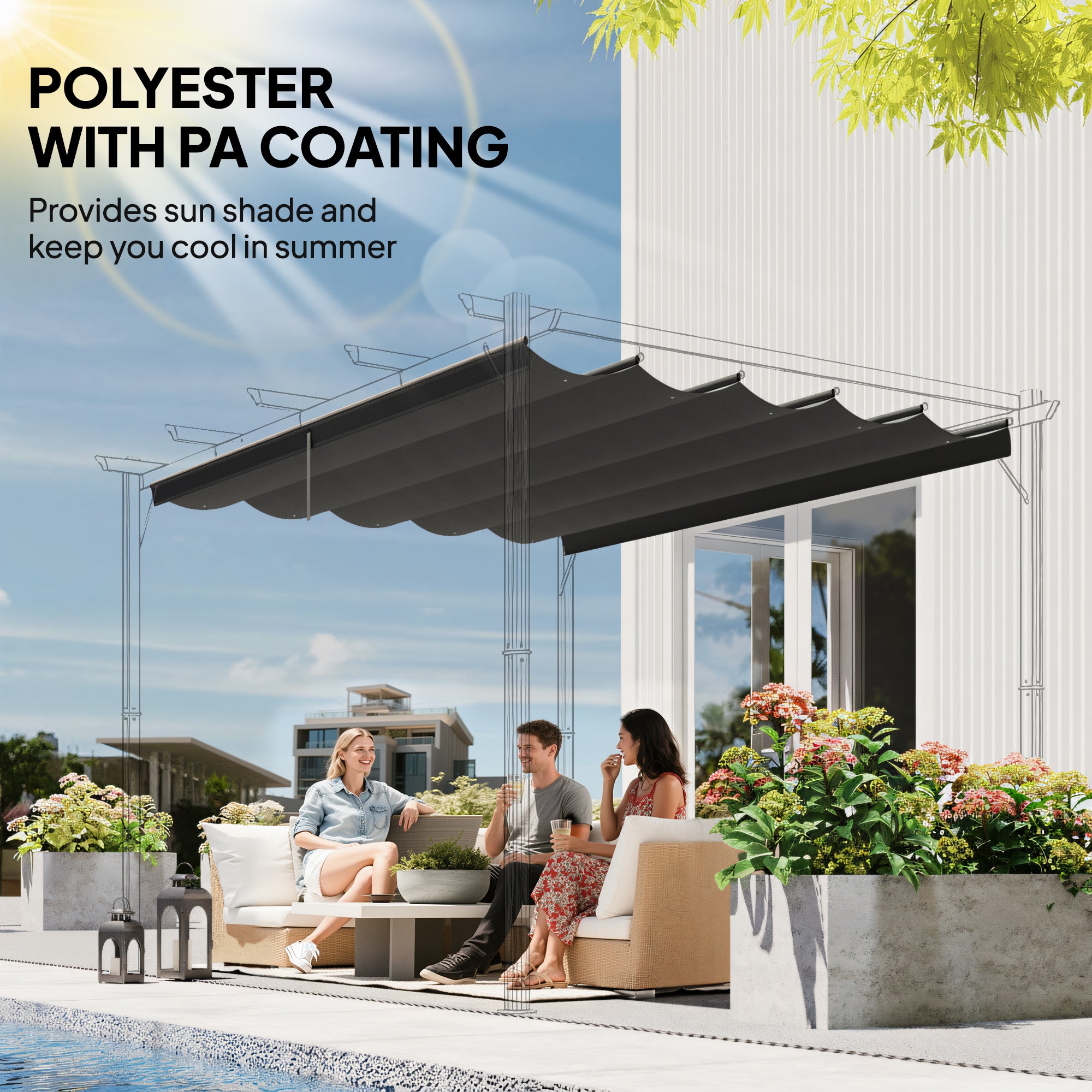 Outsunny Retractable Pergola Shade Cover, Replacement Canopy for 4 x 3 (m) Pergola, Retractable Roof, Dark Grey