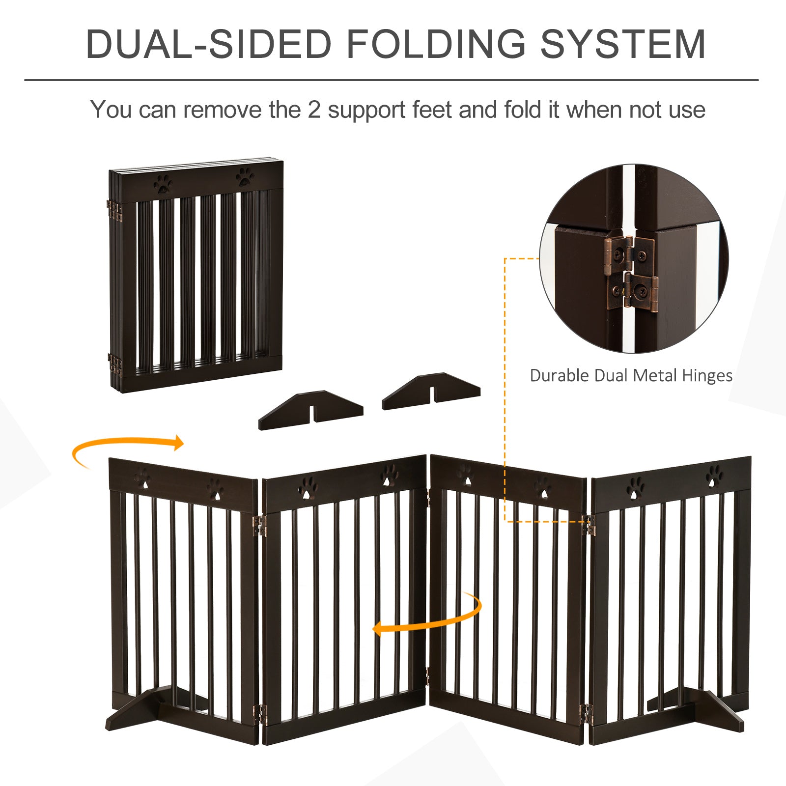PawHut Freestanding Pet Gate 4 Panel Wooden Dog Barrier Folding Safety Fence with Support Feet up to 204cm Long 61cm Tall for Doorway Stairs Brown - North Peak Garden Furniture