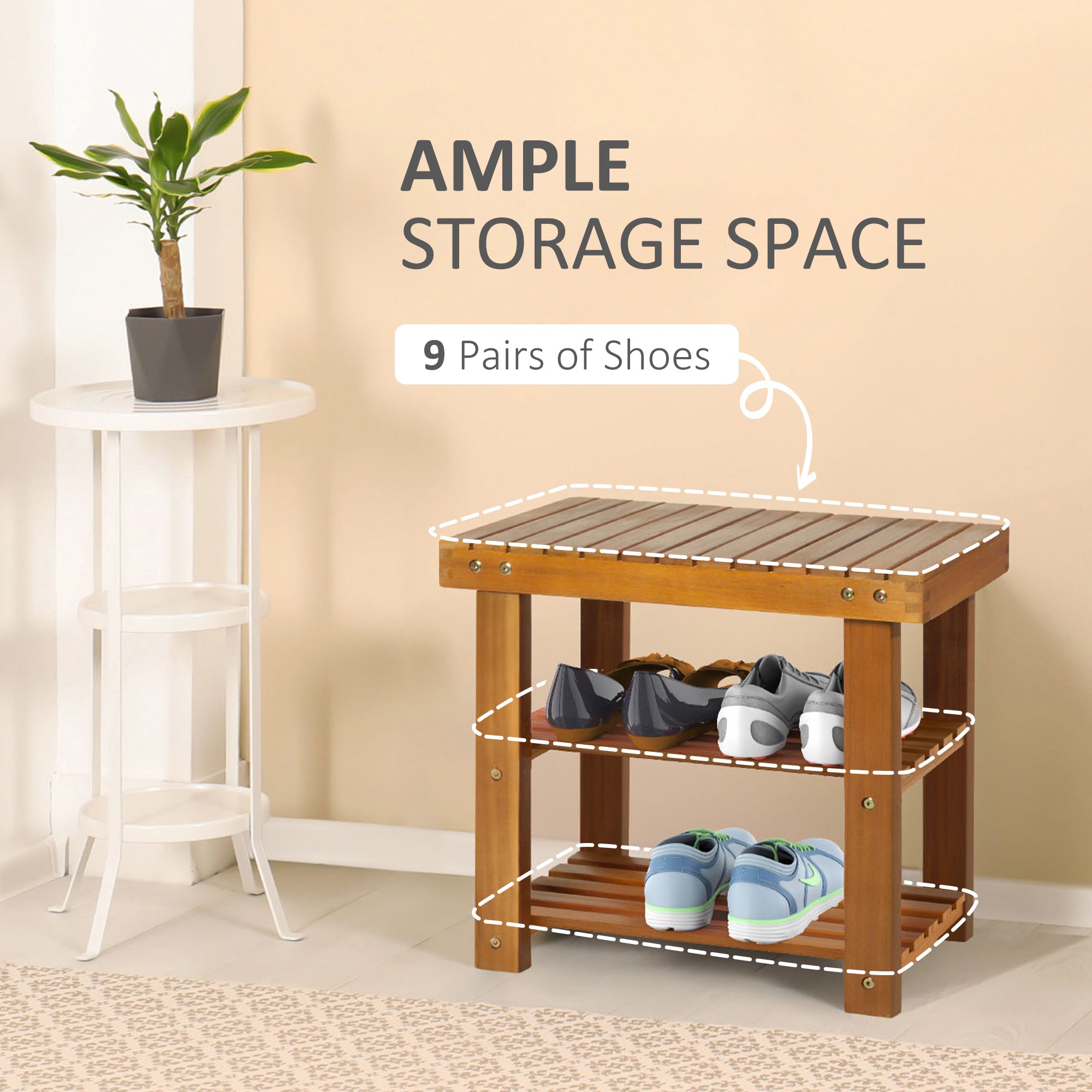HOMCOM Acacia Wood Shoe Bench, 3-Tier Shoe Storage Rack, Hallway Organizer Shelf, for Entryway, Living Room, Bedroom, 50 x 28 x 45 cm, Teak - North Peak Garden Furniture