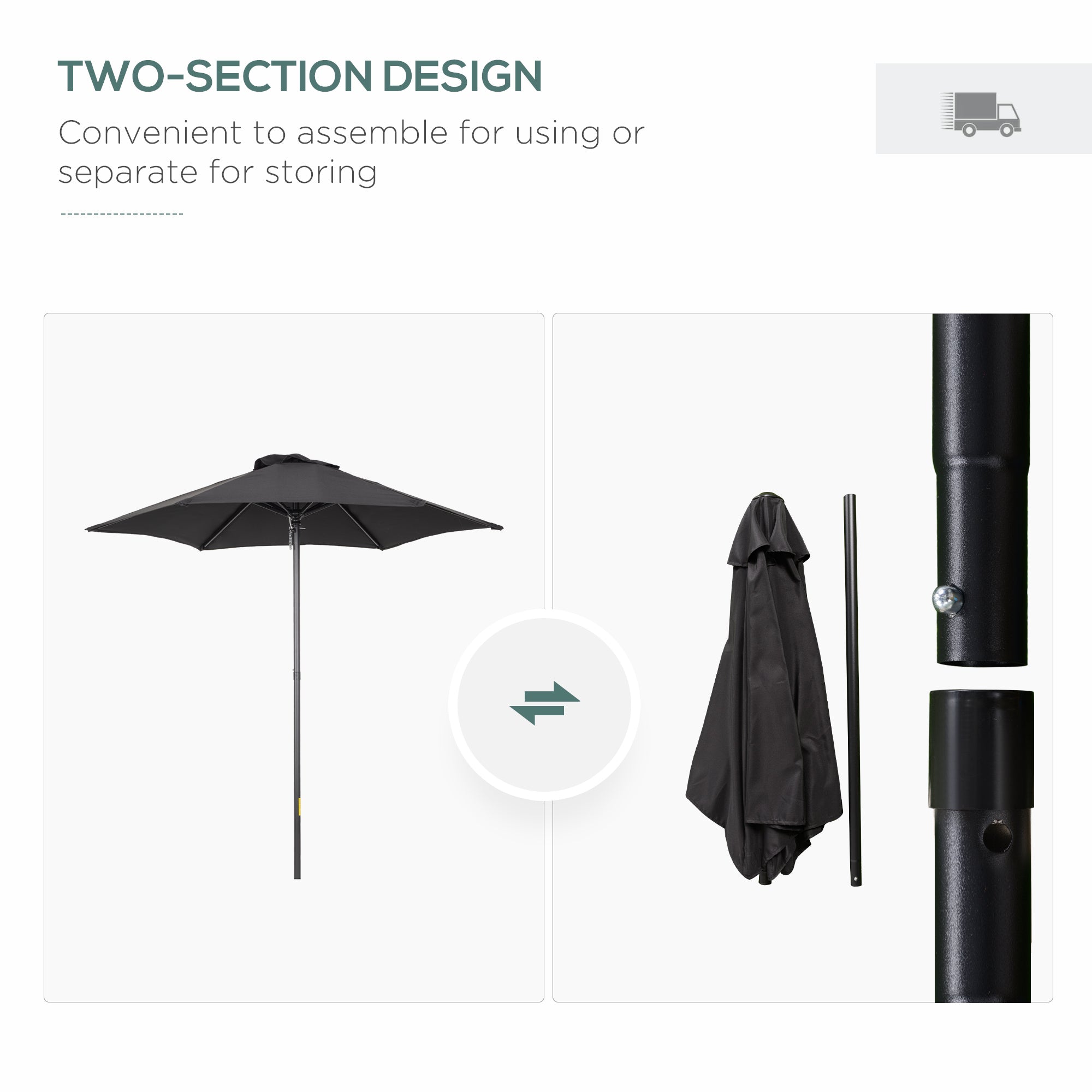 Outsunny 2m Garden Parasol Umbrella, Outdoor Sun Shade with 6 Sturdy Ribs for Balcony, Bench, Garden, Black