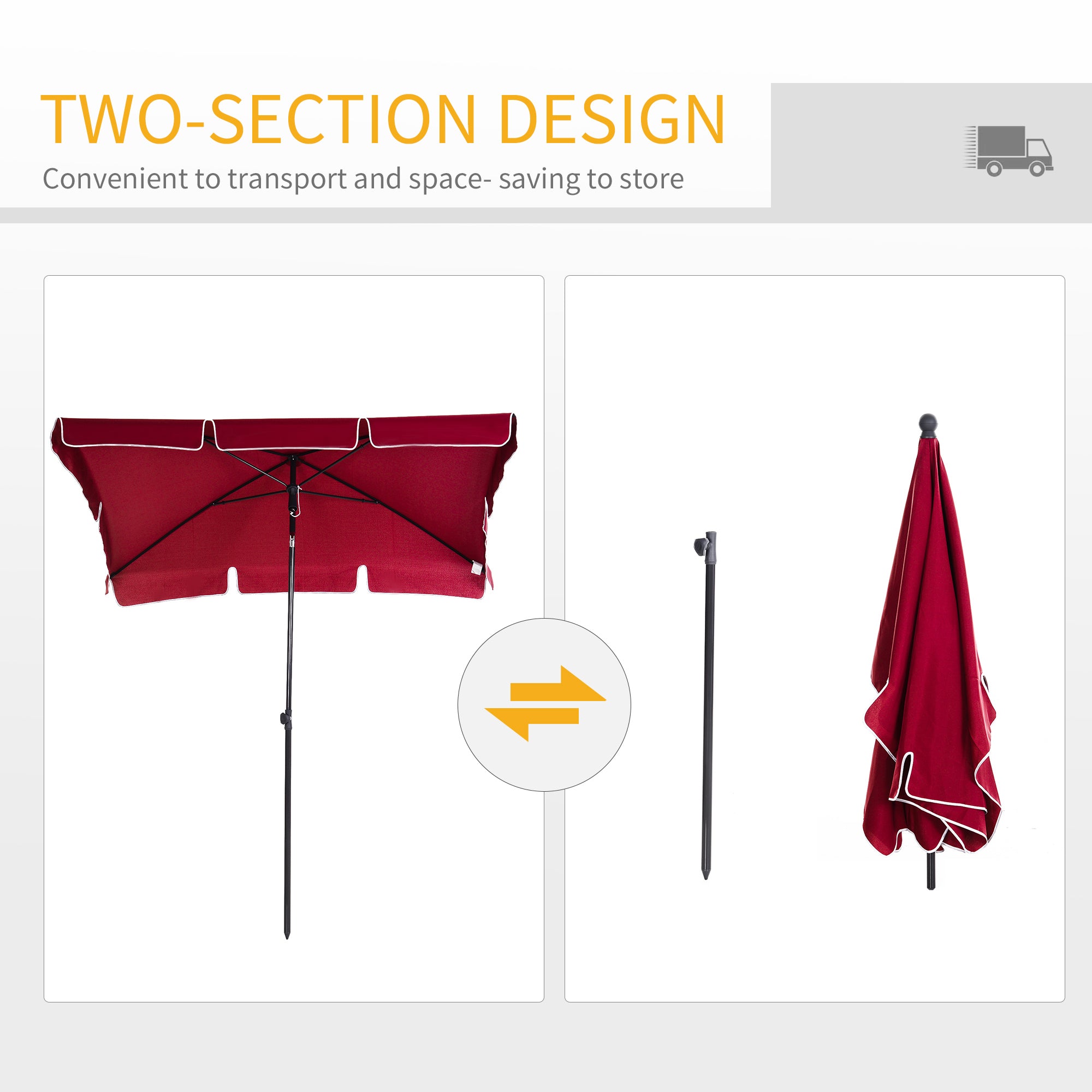 Outsunny Garden Parasol Umbrella, Outdoor Market Table Umbrella with Ruffles & Aluminium Pole, Rectangular Tilting Parasol Sun Shade Canopy, 2 x 1.3m, Red - North Peak Garden Furniture