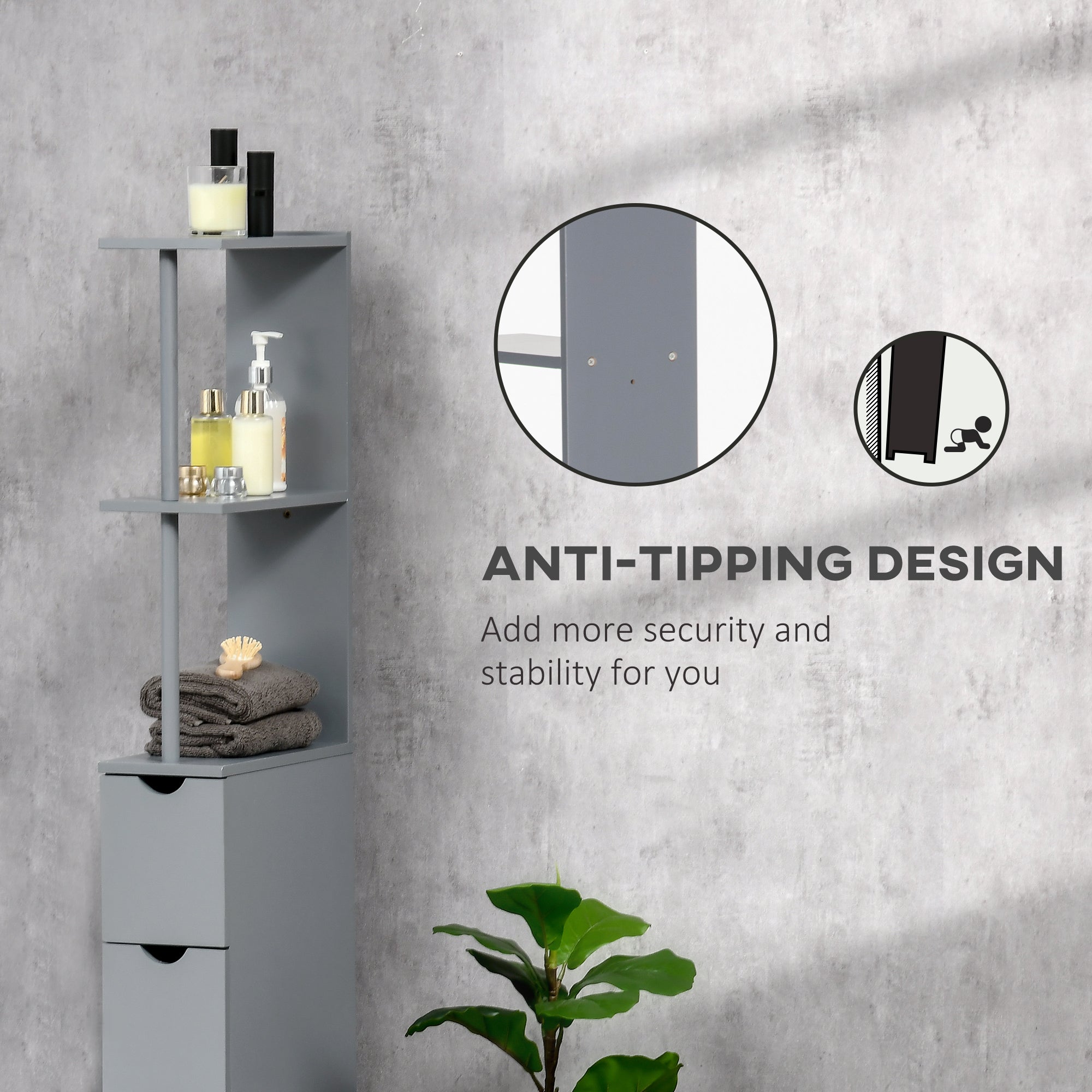 HOMCOM Tall Bathroom Cabinet, Freestanding Bathroom Storage Cabinet with 2-Tier Shelf and Drawers, Narrow Cupboard Storage Unit, Grey - North Peak Garden Furniture