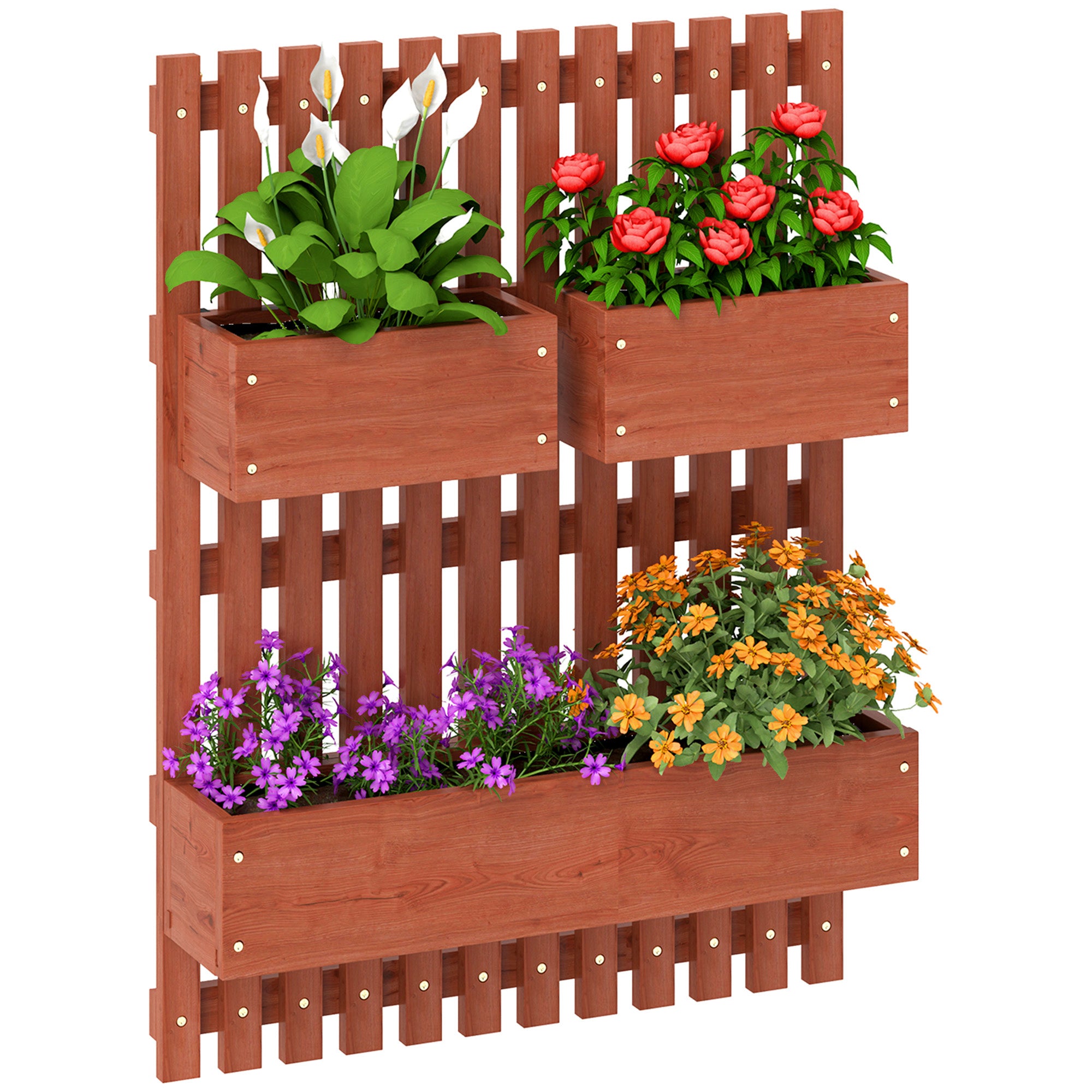Outsunny Wall-mounted Wooden Garden Planters with Trellis, Drainage Holes and 3 Planter Boxes for Patio, Brown - North Peak Garden Furniture