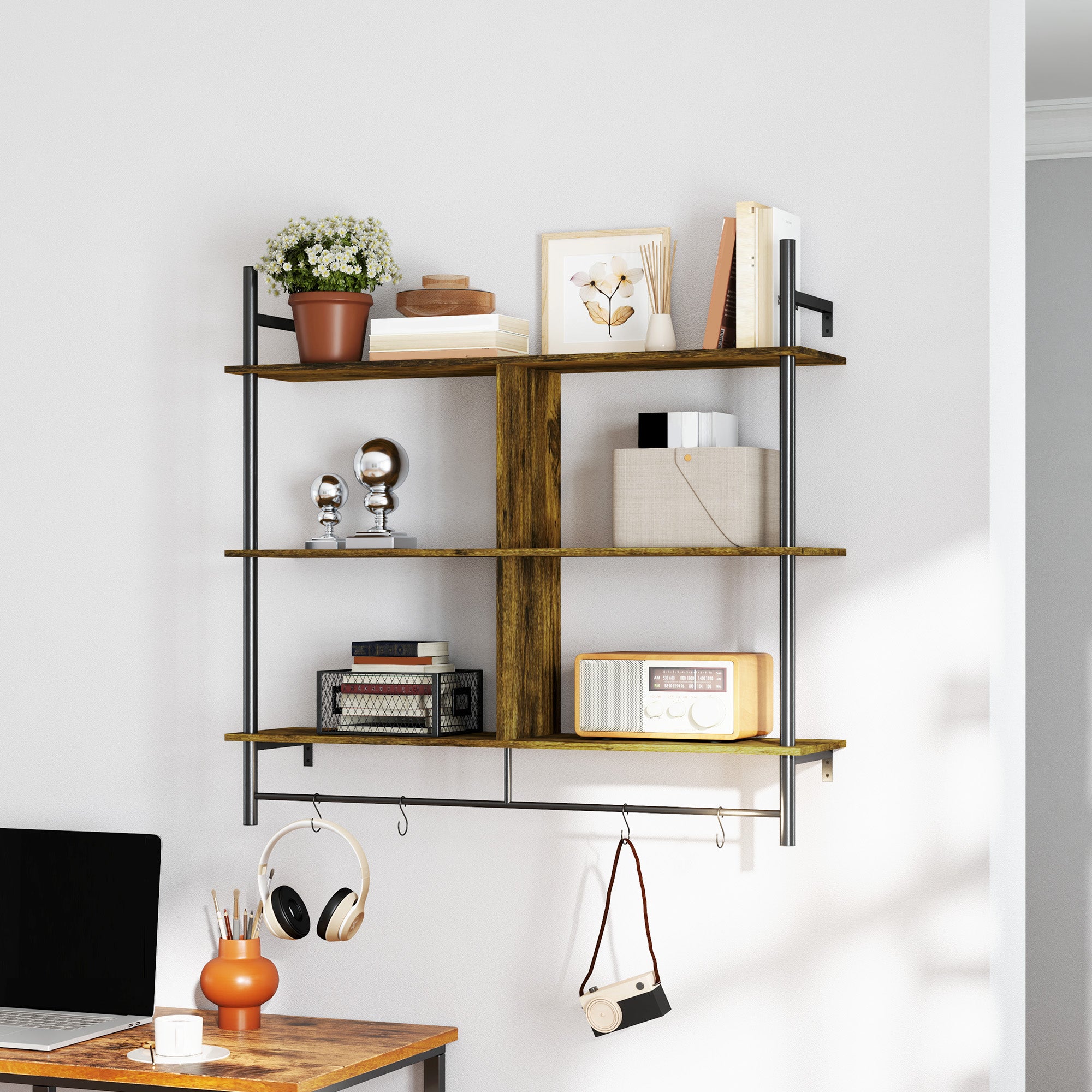 HOMCOM Three-Tier Floating Shelf - Brown/Black - North Peak Garden Furniture