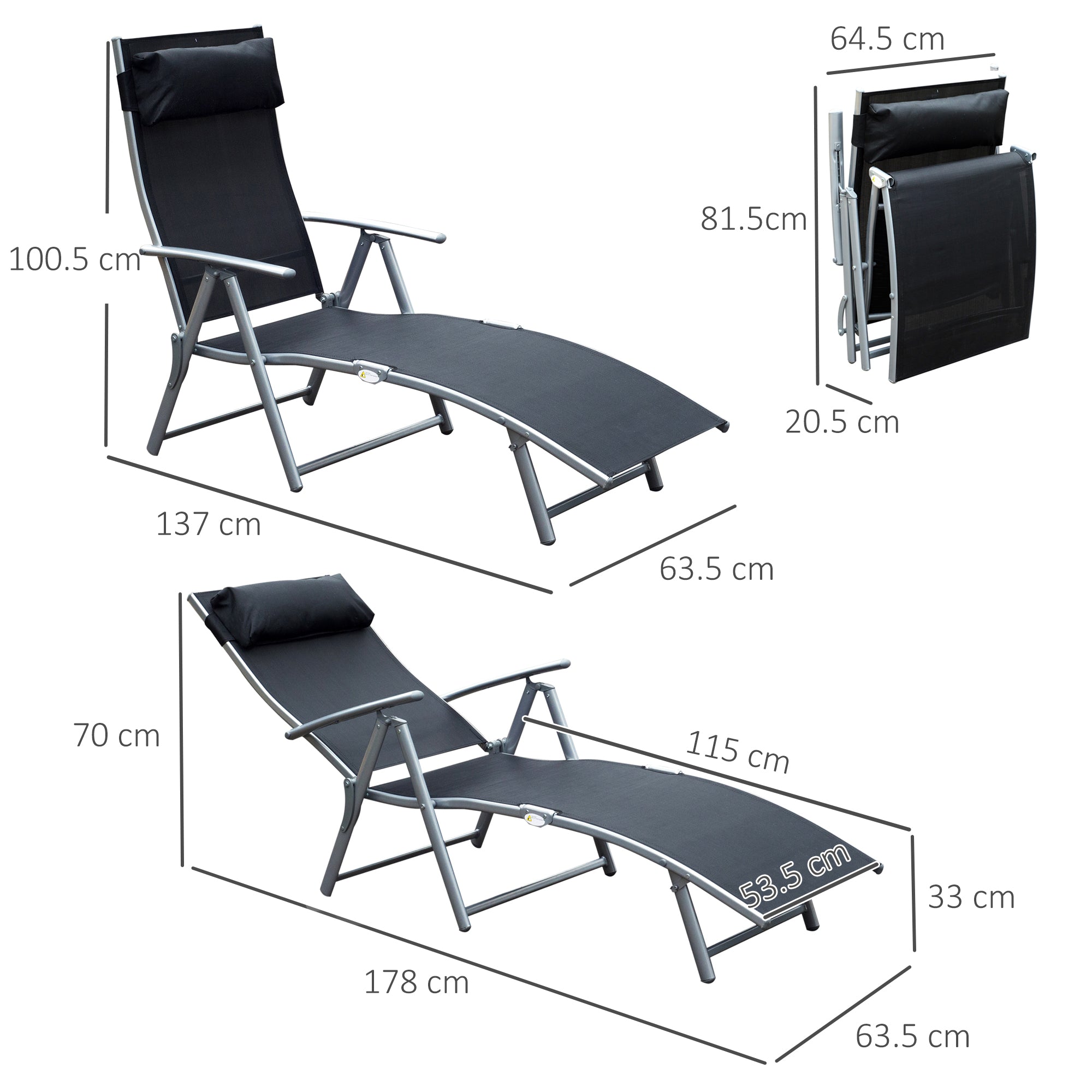 Outsunny Texteline Lounger: Foldable Recliner Chair with 5 Levels, for Garden & Patio, Black