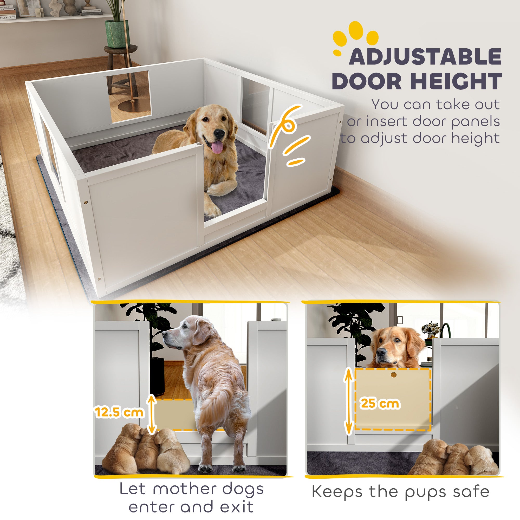 PawHut Whelping Box for Dogs with Whelping Pad, Adjustable Entrance, Non-slip Foot Pads, for Large Dogs, 124 x 120cm - North Peak Garden Furniture