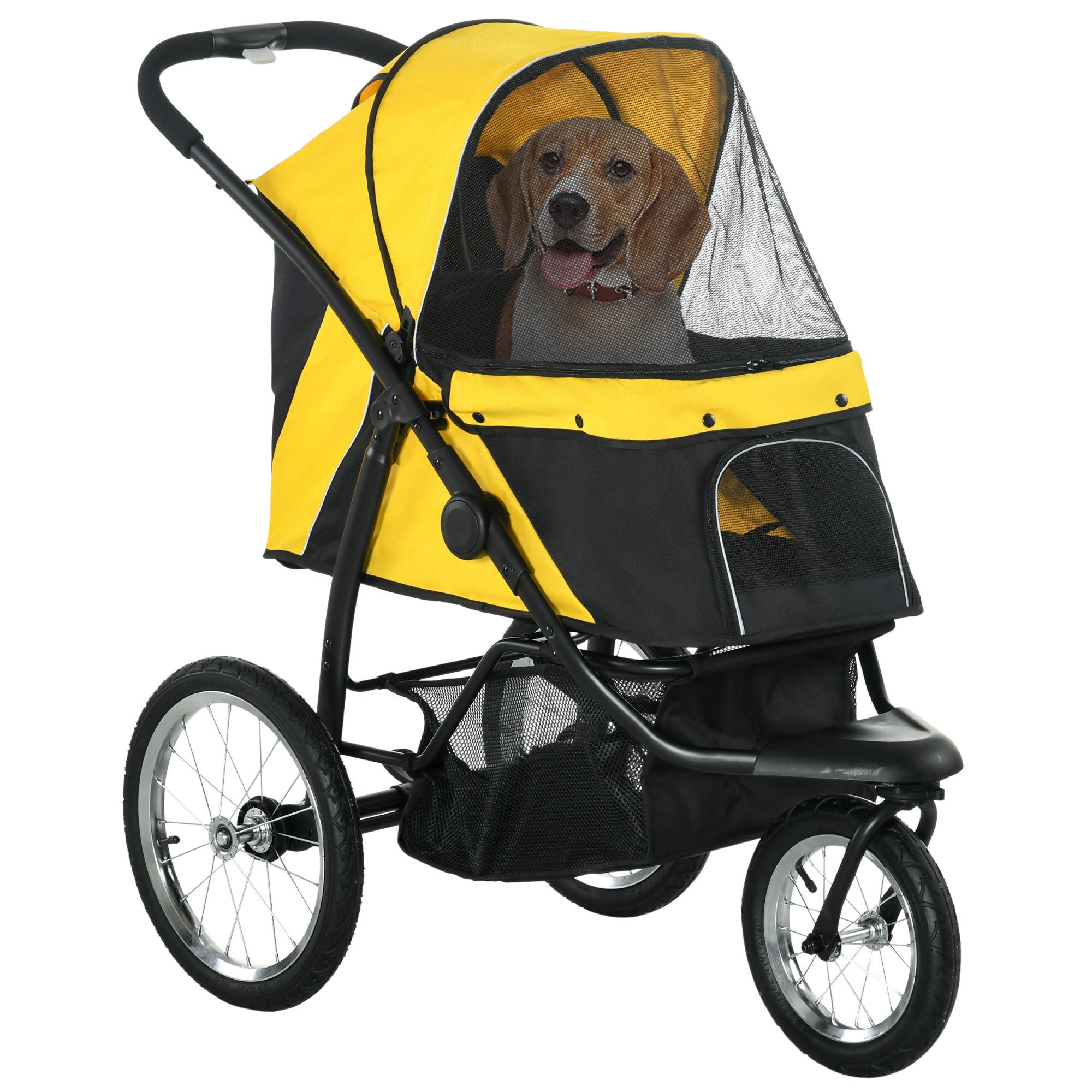 PawHut Foldable Pet Stroller Jogger, with Three Wheels, Canopy, for Medium and Small Dogs, Yellow - North Peak Garden Furniture