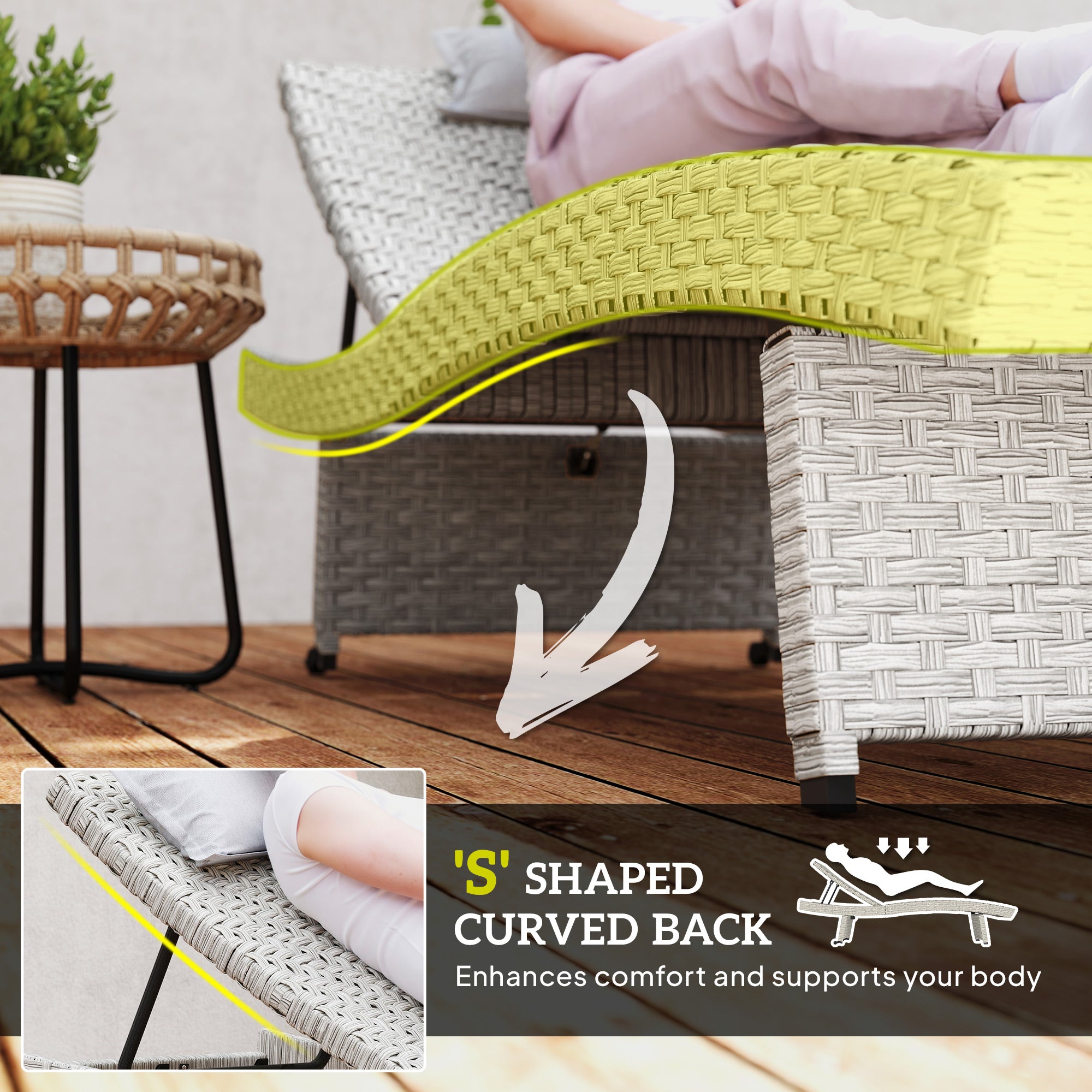 Outsunny Outdoor PE Rattan Sun Lounger, Folding Wicker Garden Lounger Recliner with 4-Level Adjustable Backrest, Rolling Sunbed Lounge Chair with Wheels, Non-Slip Legs for Balcony, Beach, Grey - North Peak Garden Furniture