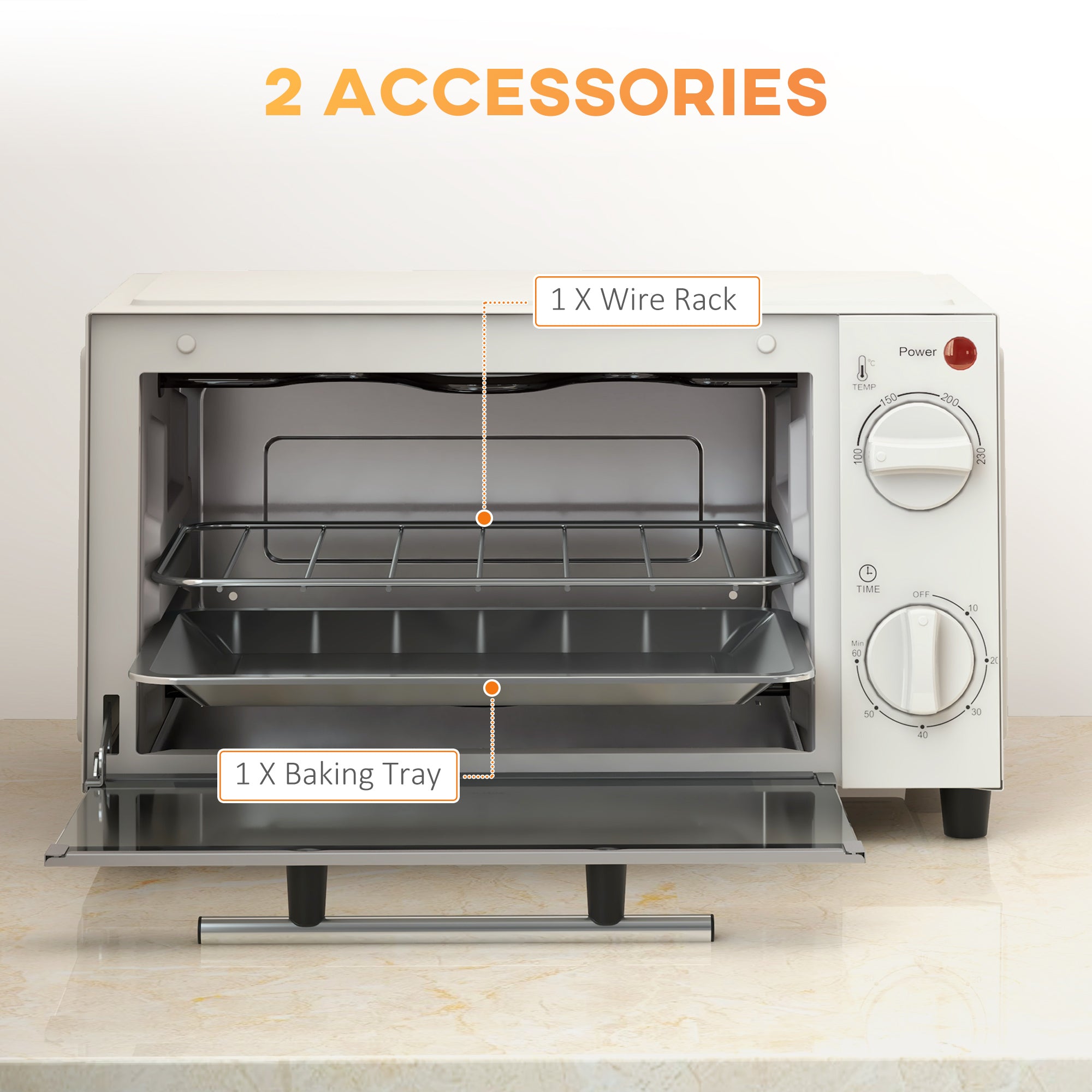 HOMCOM Mini Oven, 9L Countertop Electric Grill, Toaster Oven with Adjustable Temperature, Timer, Dishwasher Safe Baking Tray and Wire Rack, 750W, Cream - North Peak Garden Furniture