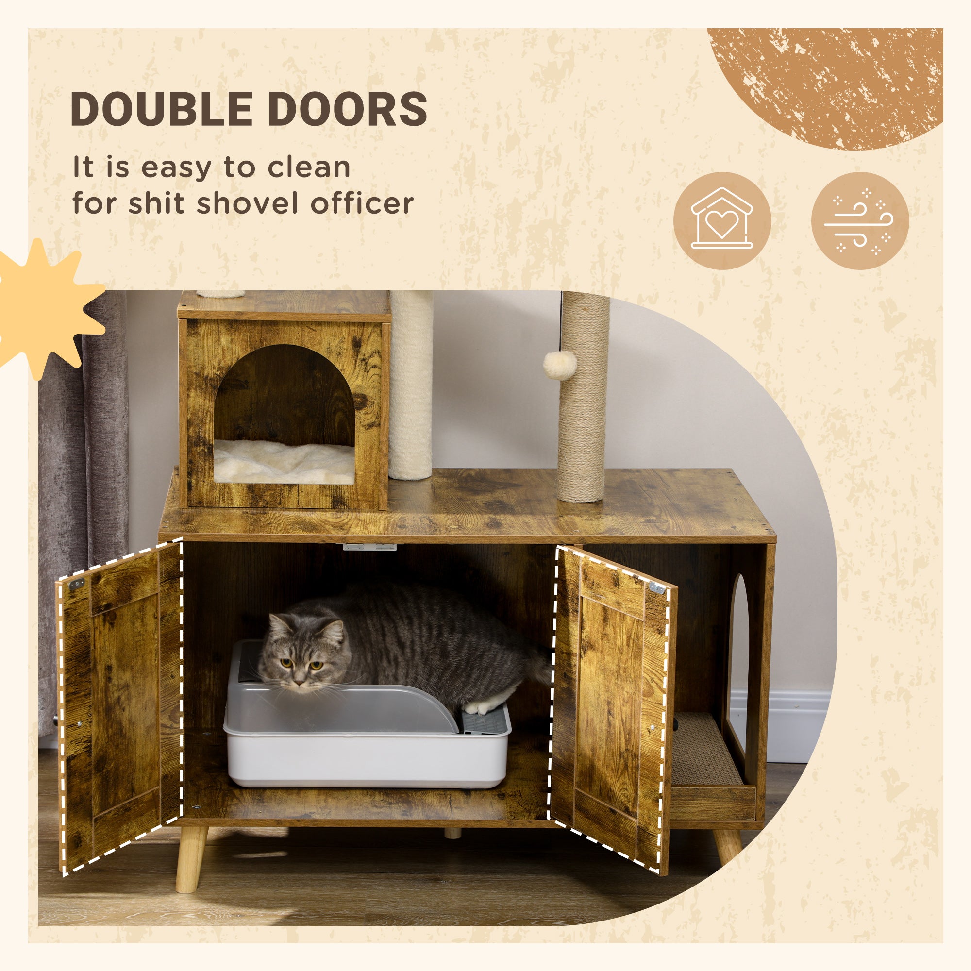 PawHut Cat Litter Box Enclosure, with Tree Tower, Cat House, Hammock, Cushion - Rustic Brown - North Peak Garden Furniture