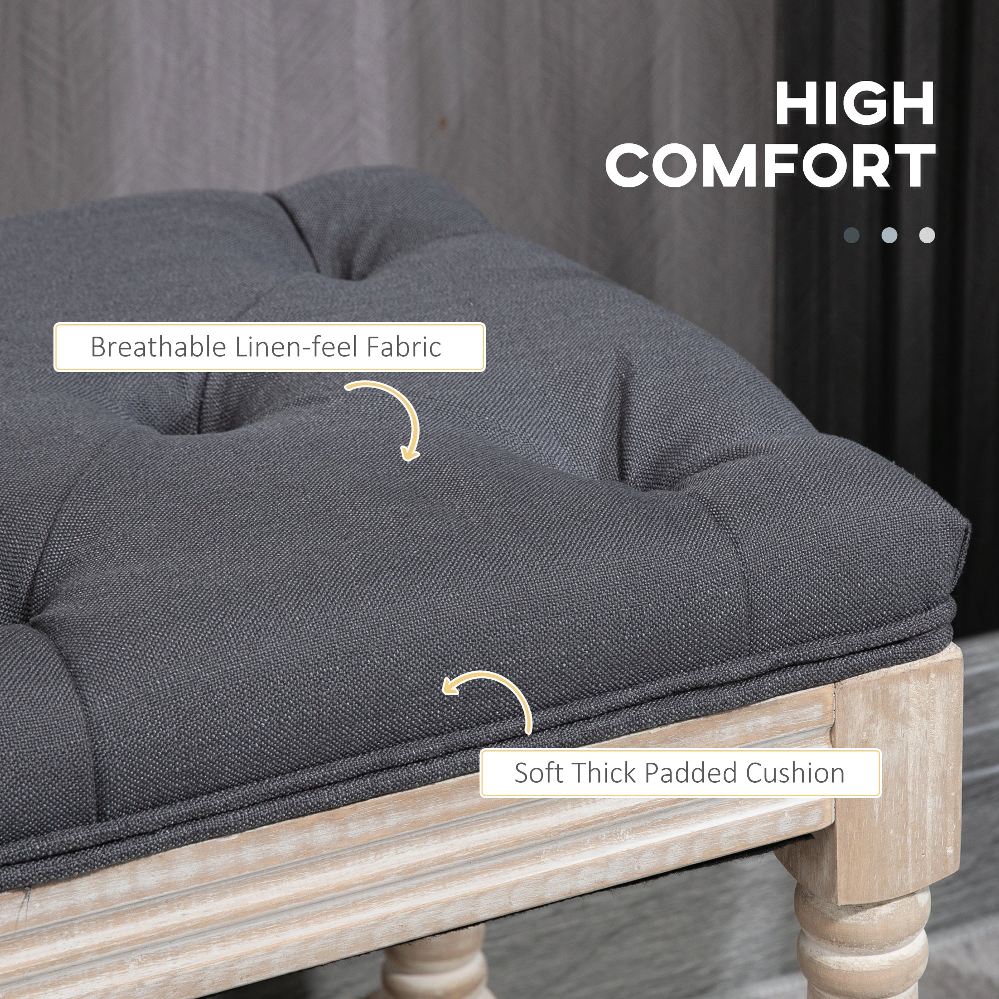 HOMCOM 2-Tier Bed End Bench, Vintage Stool, Wooden Window Seat with Storage Shelf, Button Tufted Upholstered Footstool for Living Room, Bedroom, Entryway, Grey - North Peak Garden Furniture