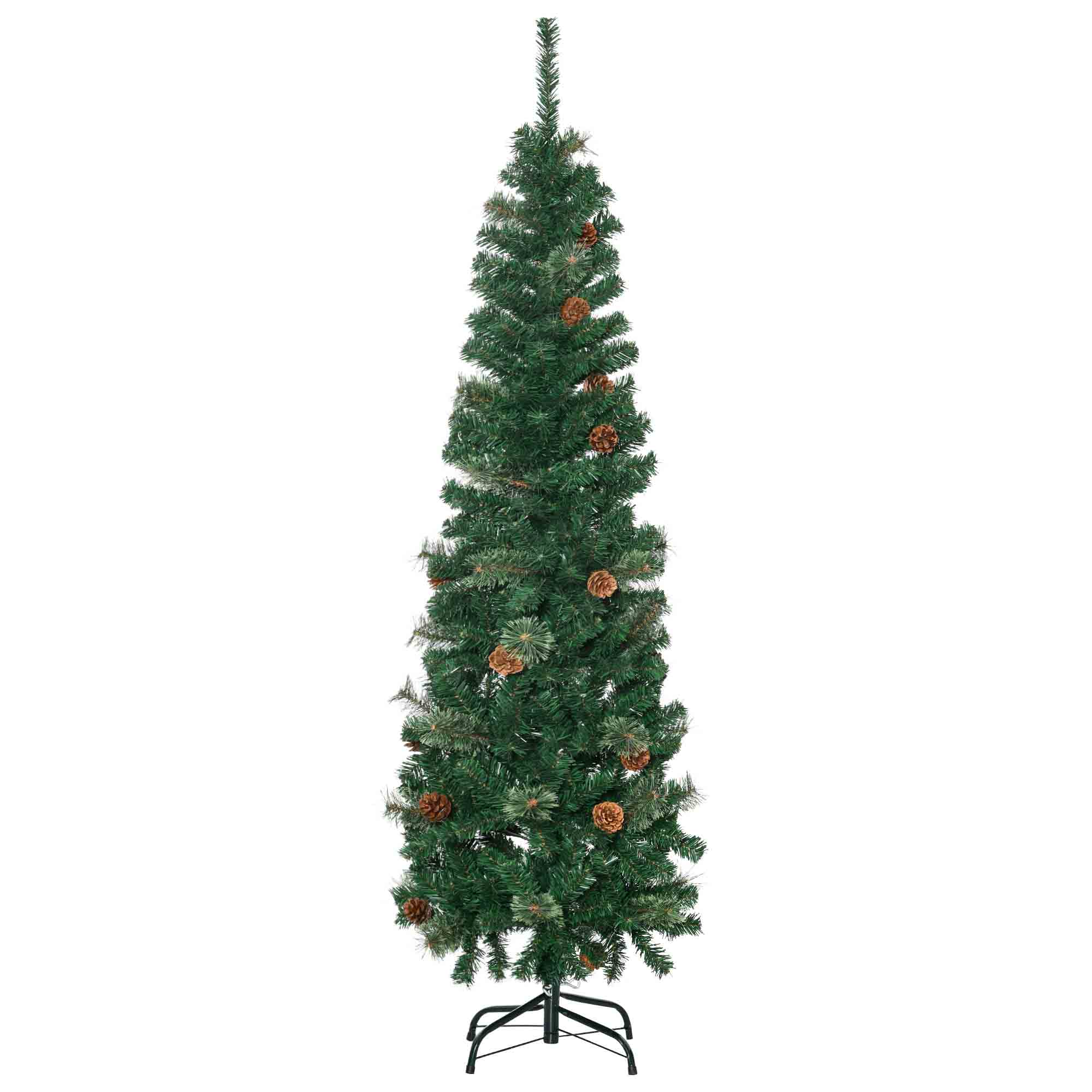 HOMCOM 5.5FT Tall Pencil Slim Artificial Christmas Tree with Realistic Branches, Tip Count and Pine Cones, Pine Needles Tree, Xmas Decoration, Green