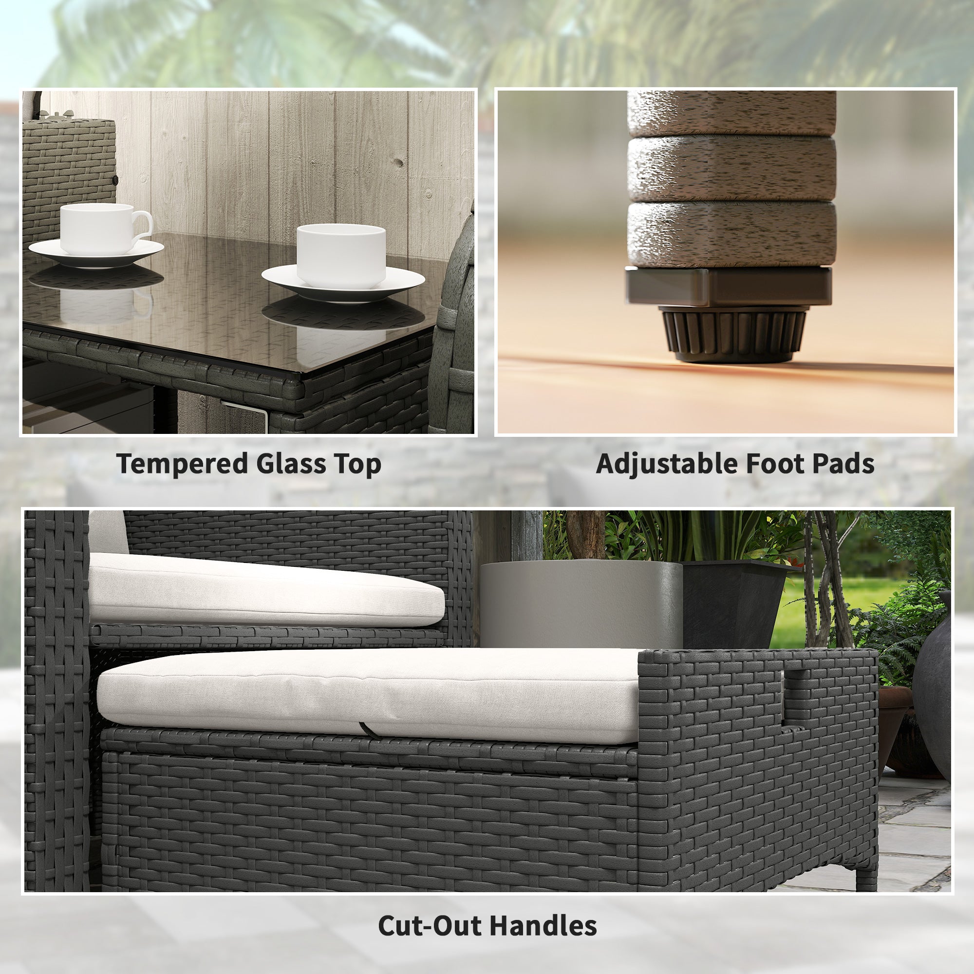 Outsunny Five Piece Rattan Garden Furniture Set with 2-Tier Coffee Table and Ottomans - Cream White - North Peak Garden Furniture