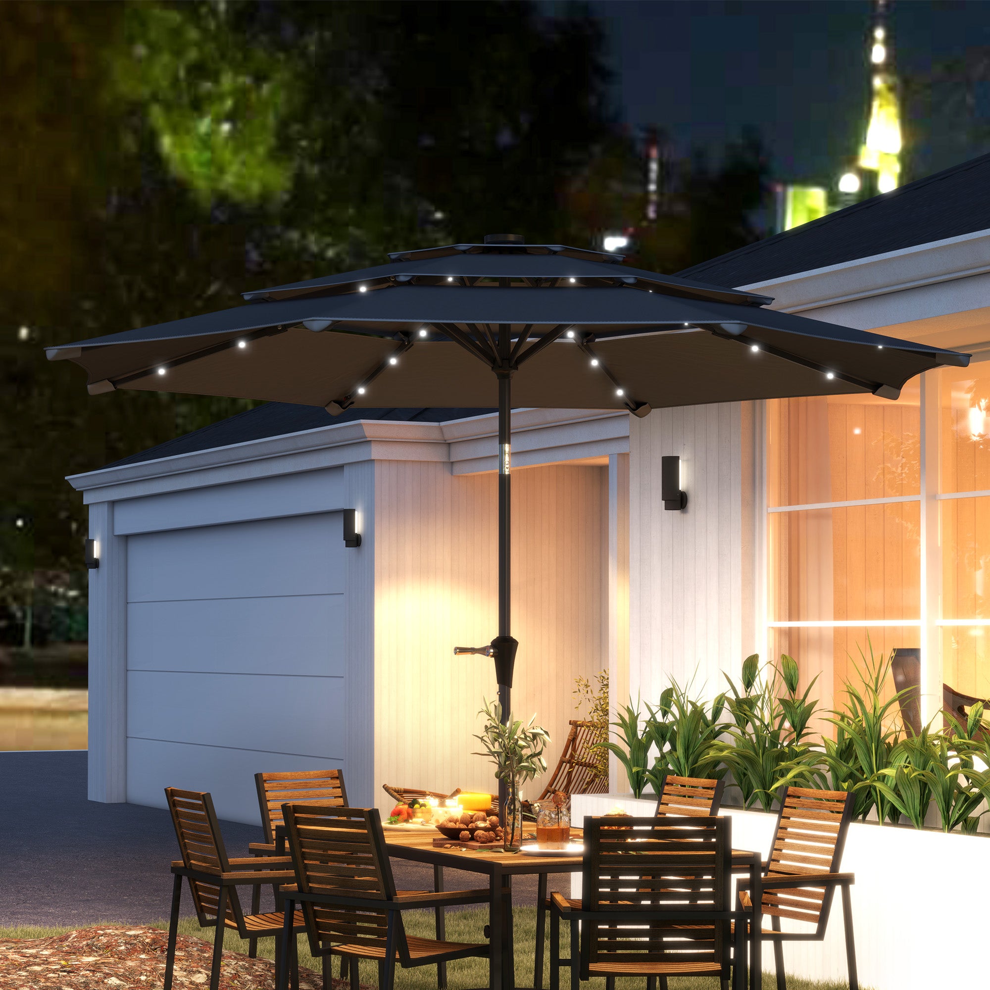 Outsunny 3-Tier Garden Parasol with Solar LED Lights, UPF 30+, Tilt Mechanism & Crank Handle, for Market Terrace, Dark Grey - North Peak Garden Furniture