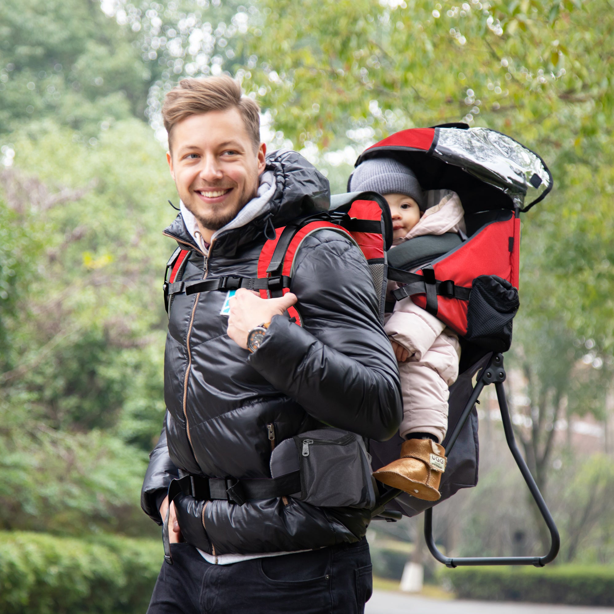 HOMCOM Baby Hiking Backpack Carrier Child Carrier with Ergonomic Hip Seat Detachable Rain Cover Adjustable Straps Stand for Toddler 6 - 36 Months Red - North Peak Garden Furniture