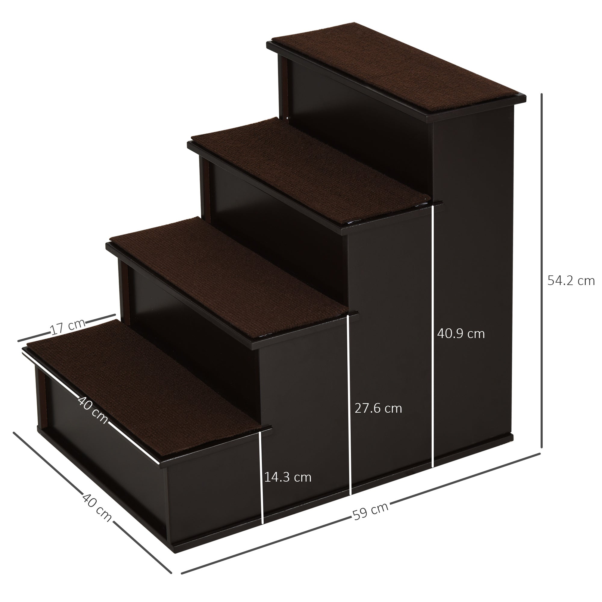 PawHut 4 Step Wooden Dog Steps Pet Stairs for Dogs, Cat Ladder for Bed Couch with Non-Slip Carpet 40 x 59 x 54.2 cm, Dark brown - North Peak Garden Furniture