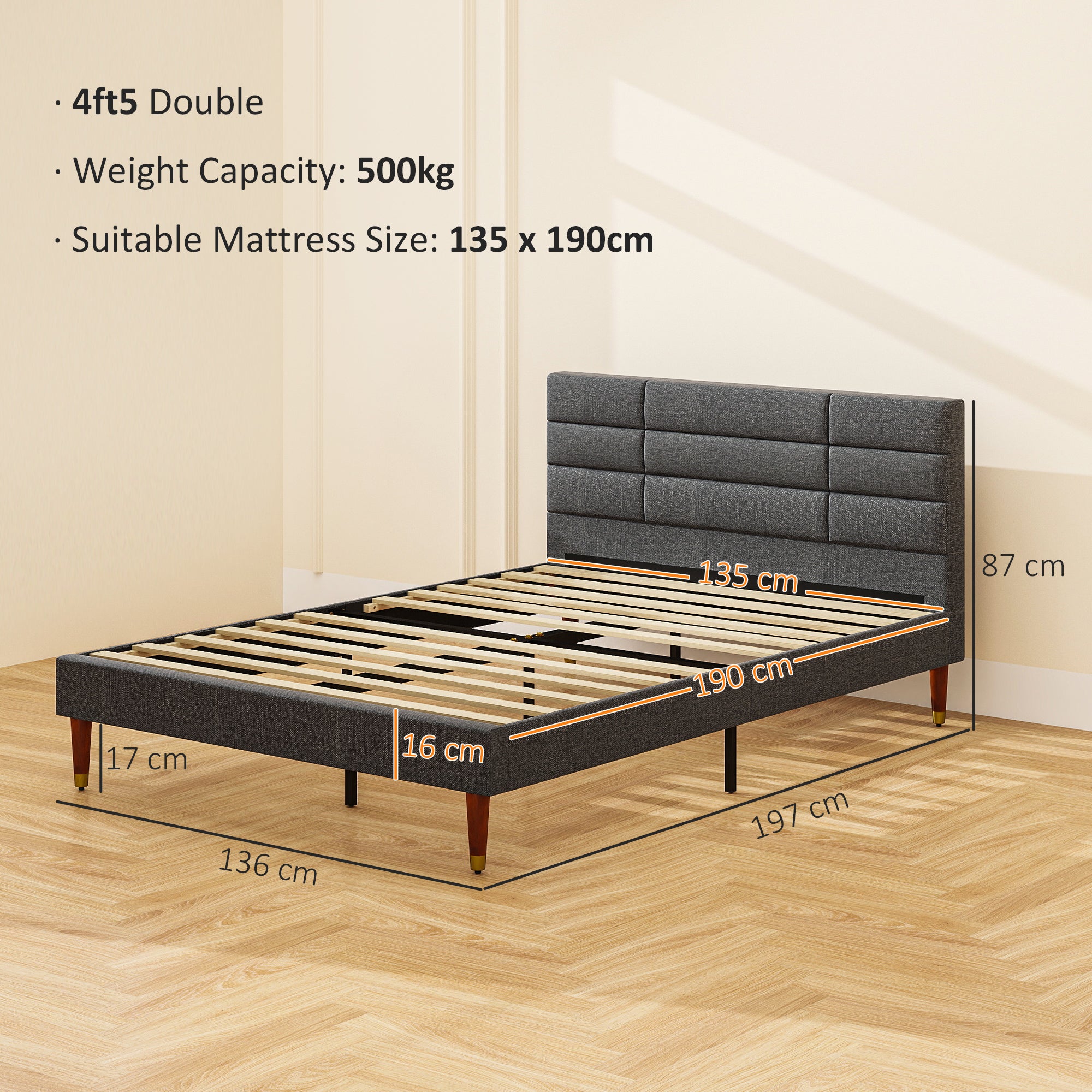 HOMCOM Upholstered Double Bed Frame, with Slats - Grey - North Peak Garden Furniture