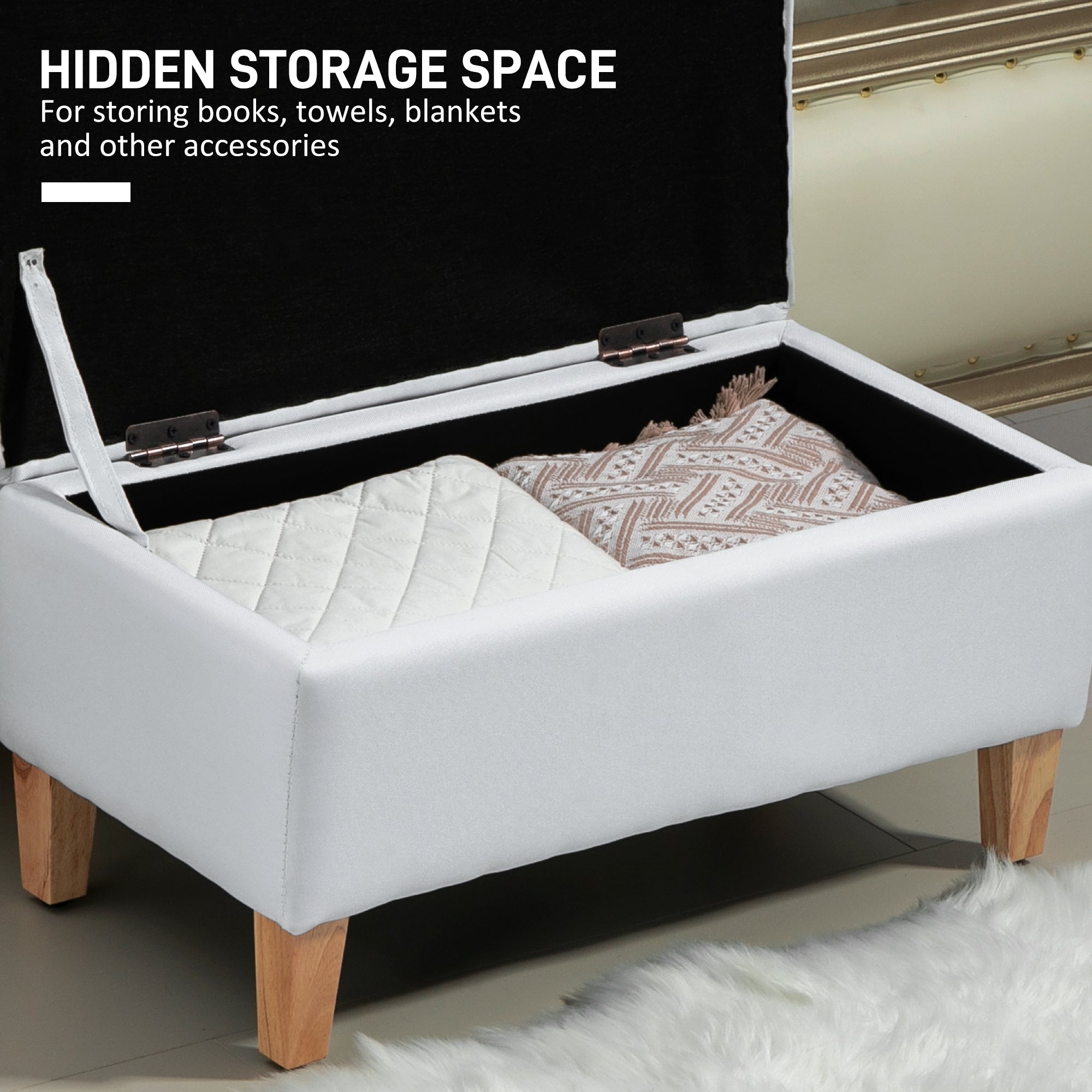 HOMCOM Linen Storage Ottoman Padded Footstool with Rubberwood Legs for Storage Box, Bed End, Shoe Bench, Seating, Cream White - North Peak Garden Furniture