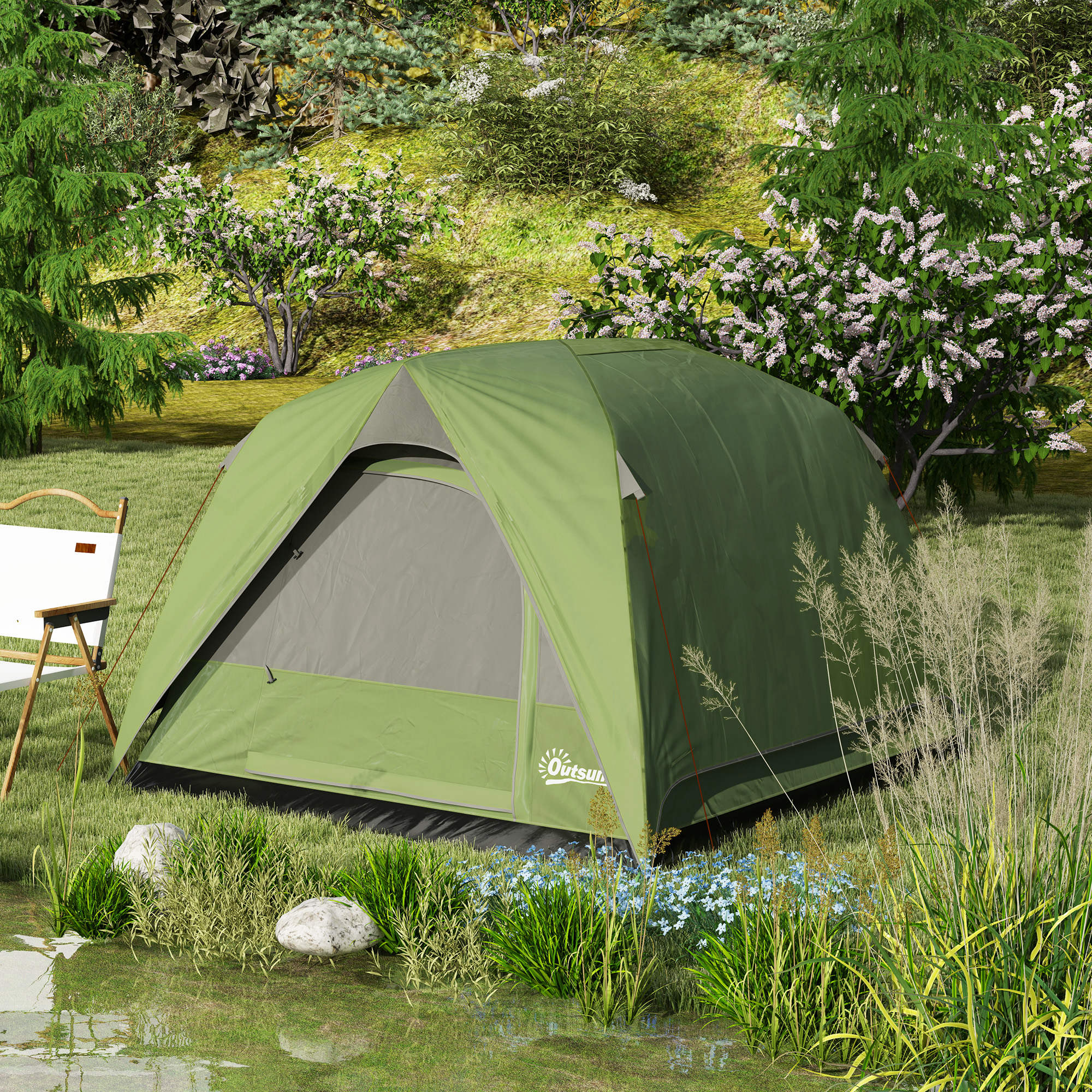 Outsunny 3-4 Person Camping Tent, Easy Set Up Waterproof Dome Tent with Sewn-in Groundsheet, Mesh Windows, Pocket and Hook for Camping, Hiking, Backpacking, Olive Green and Grey - North Peak Garden Furniture